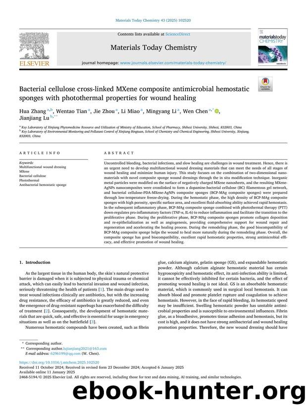 Bacterial cellulose cross-linked MXene composite antimicrobial hemostatic sponges with photothermal properties for wound healing by Hua Zhang & Wentao Tian & Jie Zhou & Li Miao & Mingyang Li & Wen Chen & Jianjiang Lu
