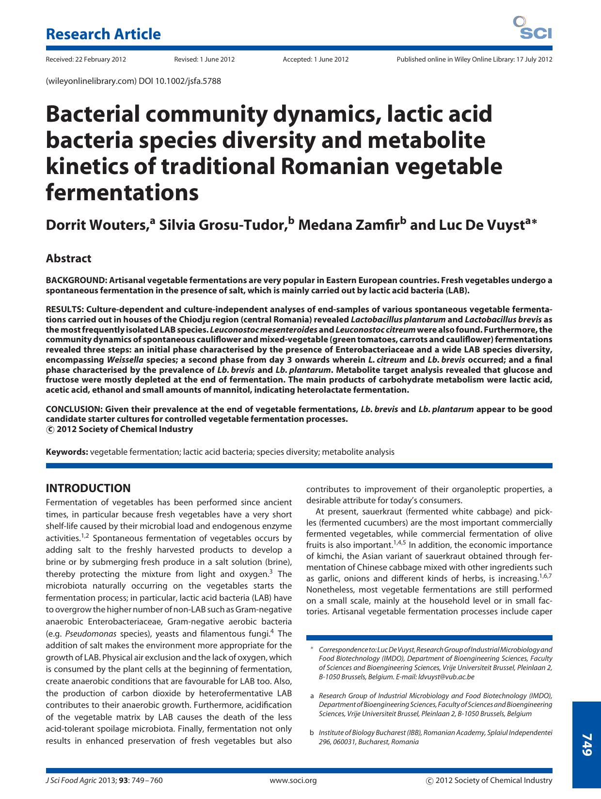 Bacterial community dynamics, lactic acid bacteria species diversity and metabolite kinetics of traditional Romanian vegetable fermentations by Unknown