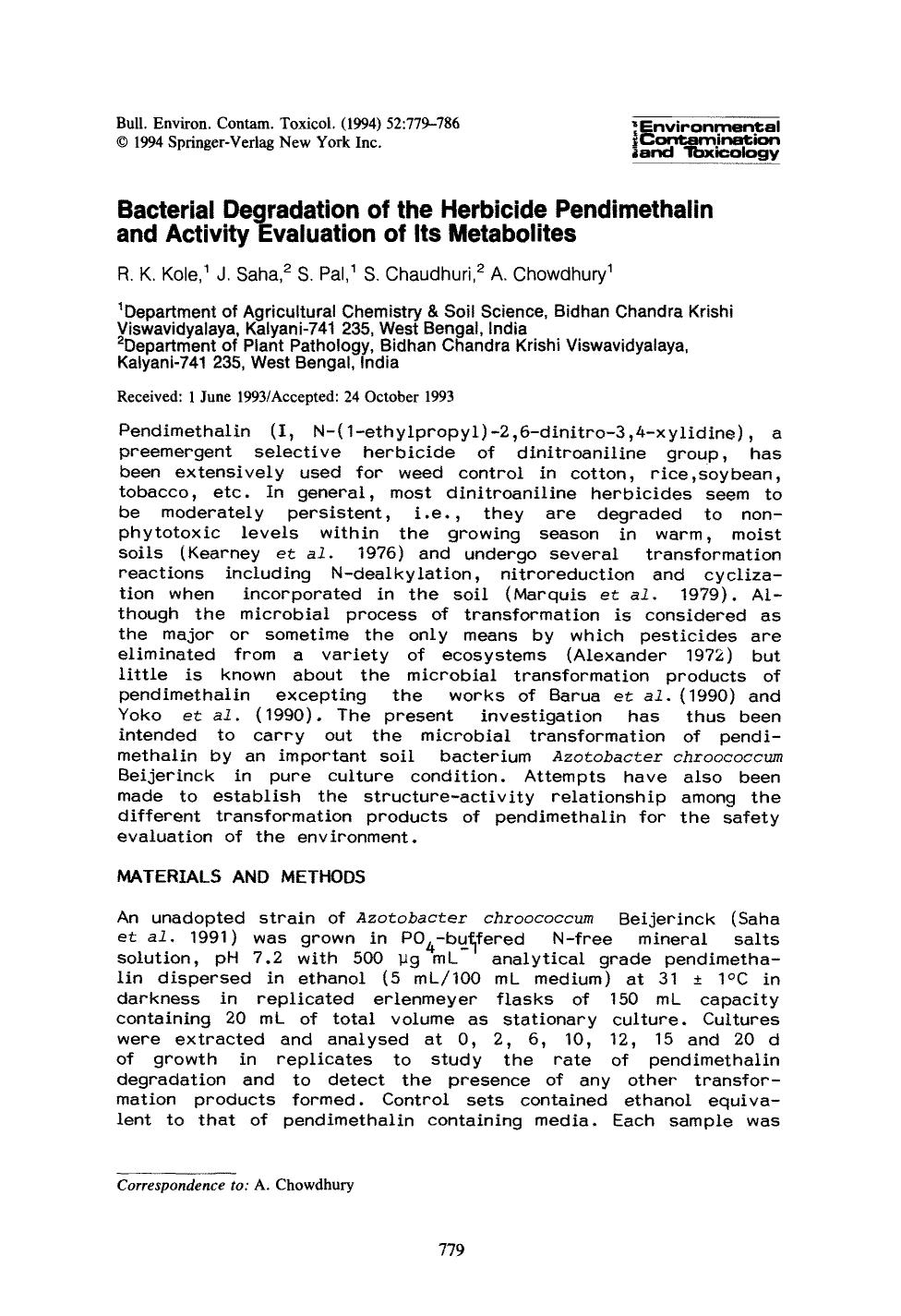 Bacterial degradation of the herbicide pendimethalin and activity evaluation of its metabolites by Unknown