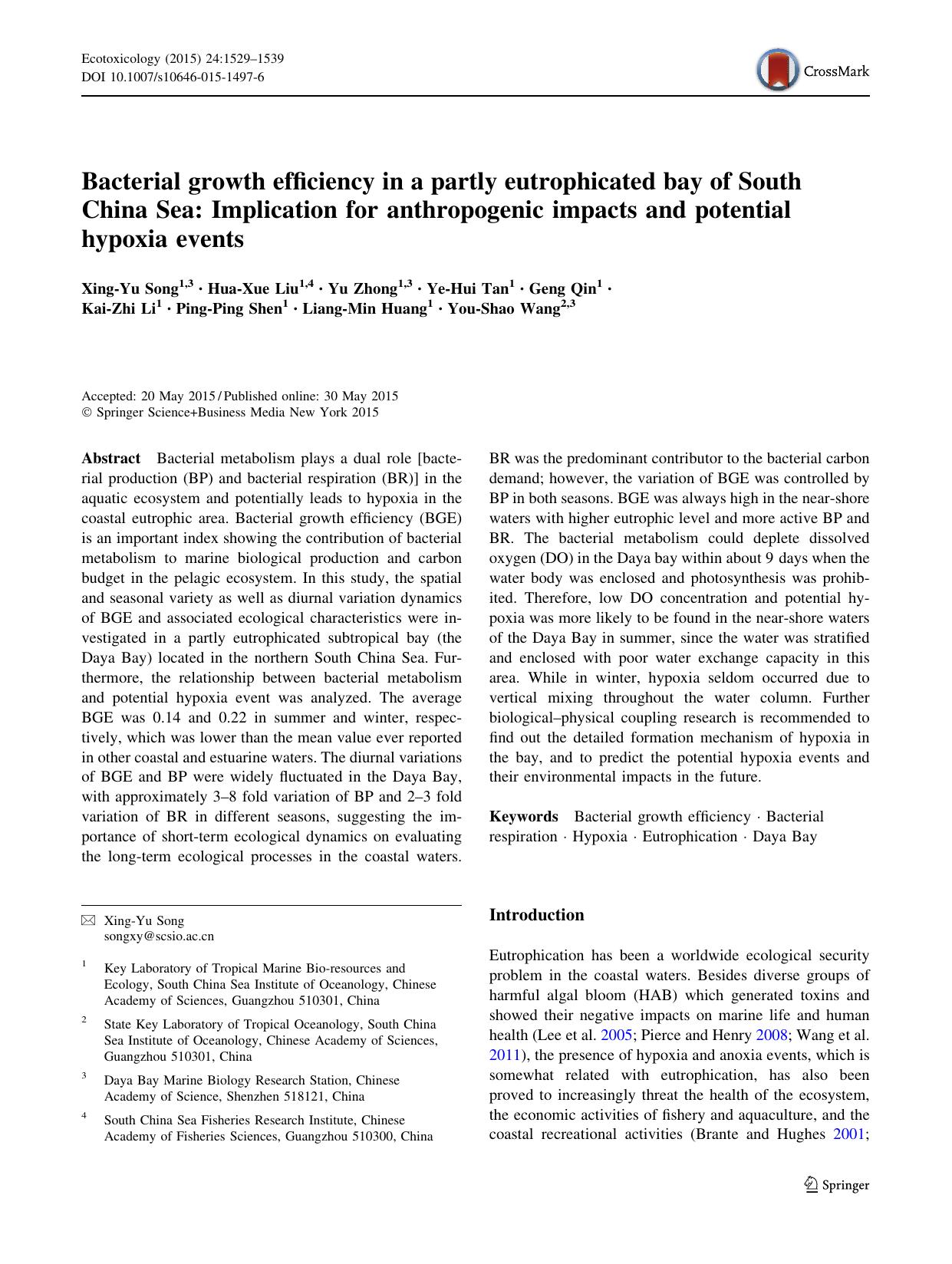 Bacterial growth efficiency in a partly eutrophicated bay of South China Sea: Implication for anthropogenic impacts and potential hypoxia events by unknow