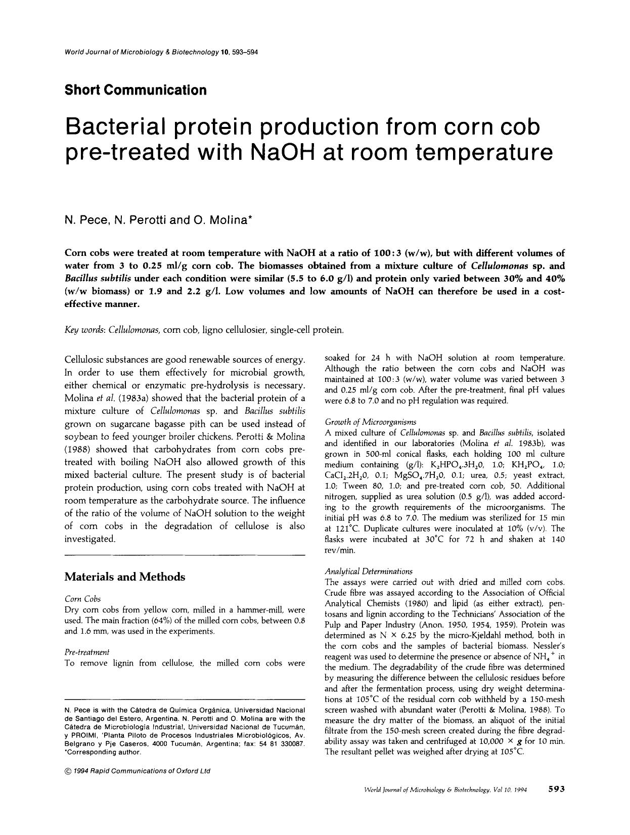 Bacterial protein production from corn cob pre-treated with NaOH at room temperature by Unknown