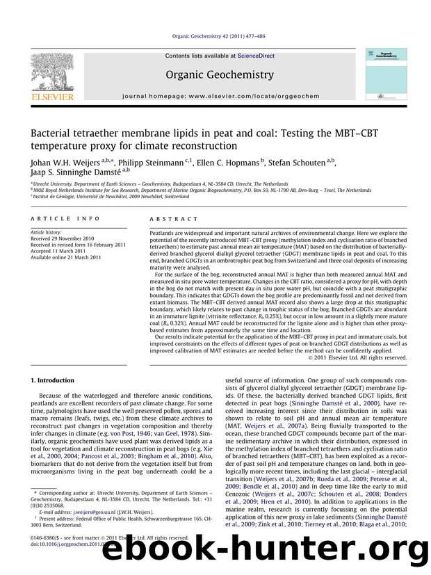 Bacterial tetraether membrane lipids in peat and coal: Testing the MBTÃ¢â¬âCBT temperature proxy for climate reconstruction by Johan W.H. Weijers