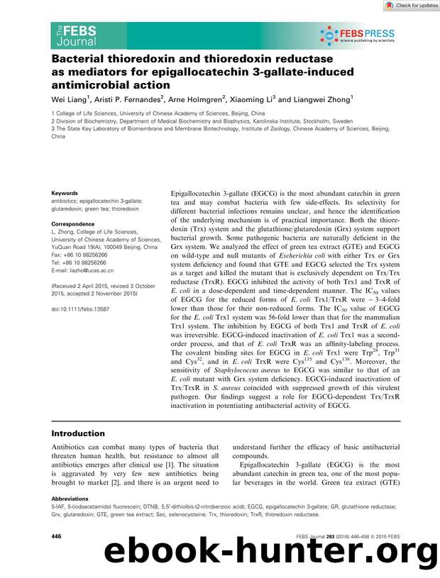 Bacterial thioredoxin and thioredoxin reductase as mediators for epigallocatechin 3âgallateâinduced antimicrobial action by Unknown