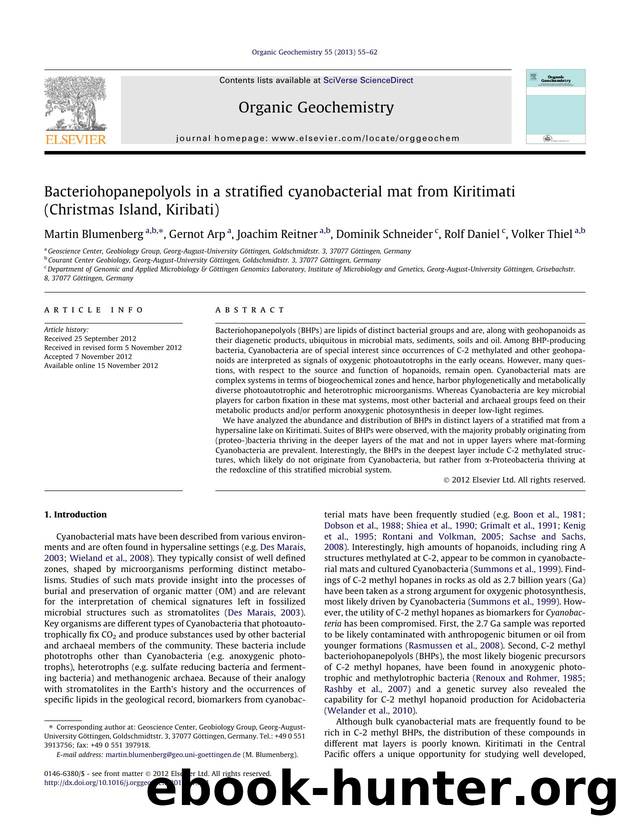 Bacteriohopanepolyols in a stratified cyanobacterial mat from Kiritimati (Christmas Island, Kiribati) by Martin Blumenberg & Gernot Arp & Joachim Reitner & Dominik Schneider & Rolf Daniel & Volker Thiel