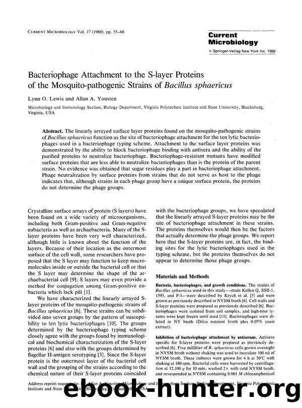 Bacteriophage attachment to the S-layer proteins of the mosquito-pathogenic strains of <Emphasis Type="Italic">Bacillus sphaericus <Emphasis> by Unknown