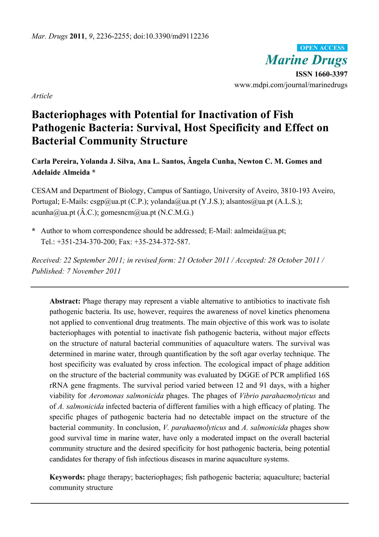 Bacteriophages with Potential for Inactivation of Fish Pathogenic Bacteria: Survival, Host Specificity and Effect on Bacterial Community Structure by unknow