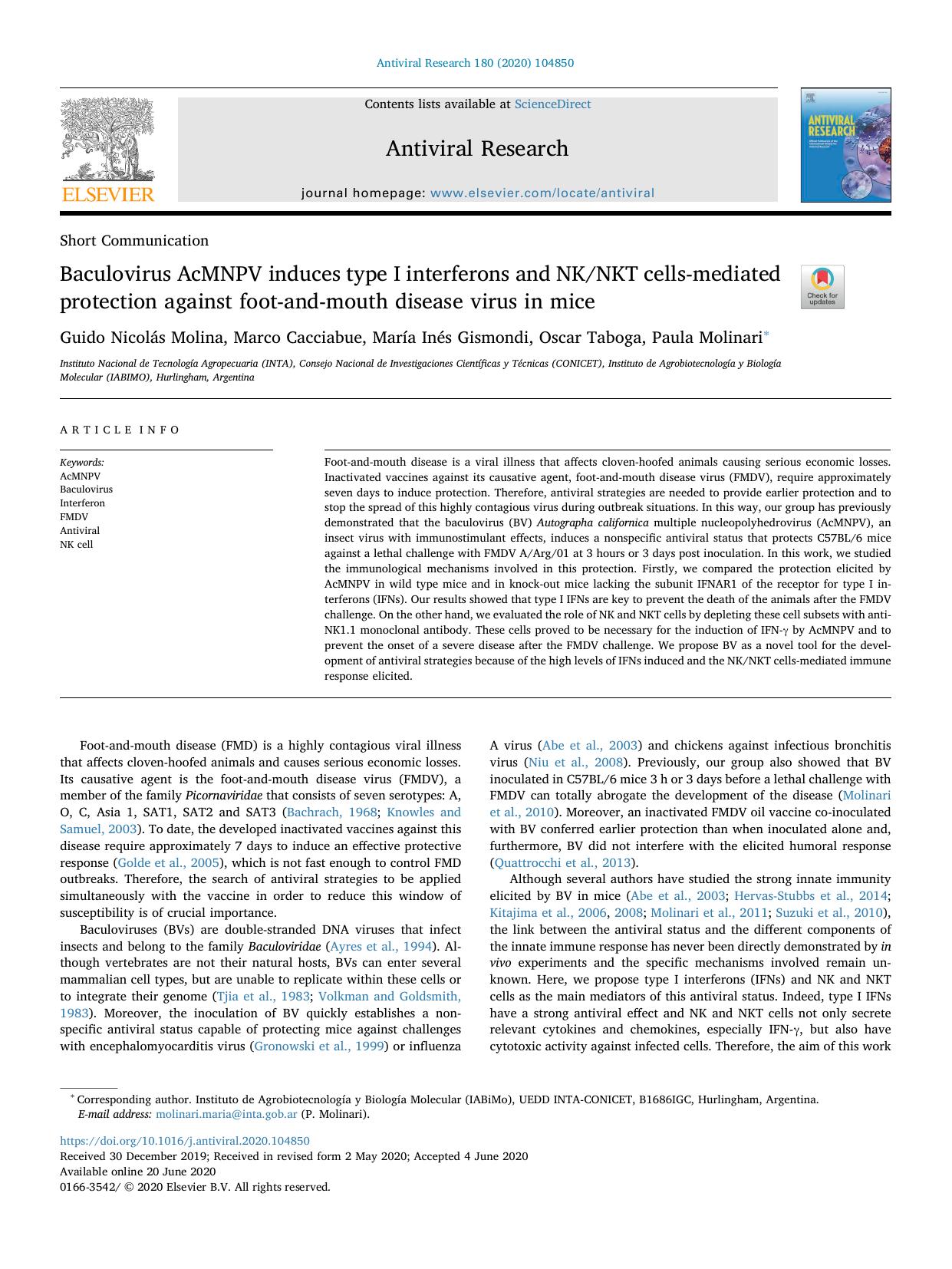 Baculovirus AcMNPV induces type I interferons and NKNKT cells-mediated protection against foot-and-mouth disease virus in mice by Guido Nicolás Molina & Marco Cacciabue & María Inés Gismondi & Oscar Taboga & Paula Molinari