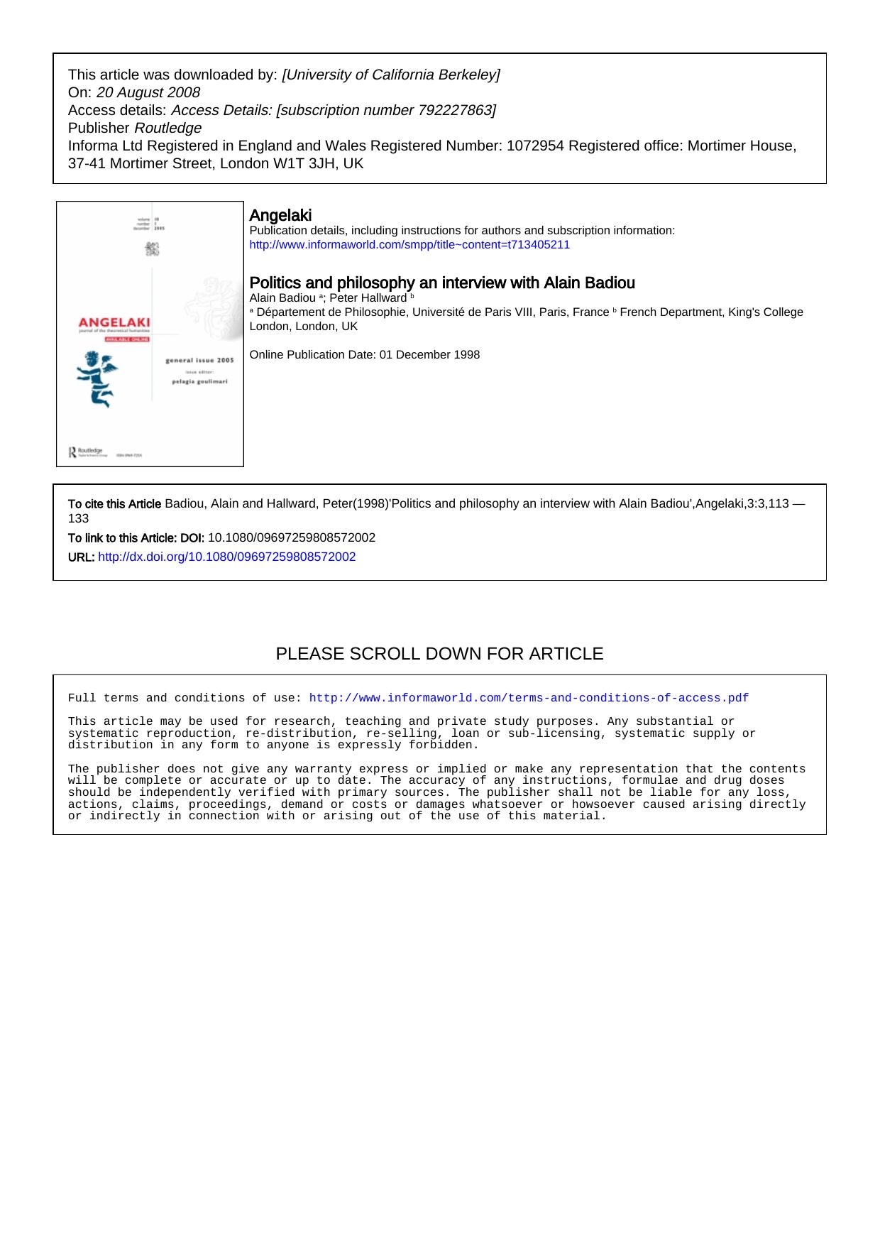 Badiou and Hallward - Politics and Philosophy by An Interview & Alain Badiou