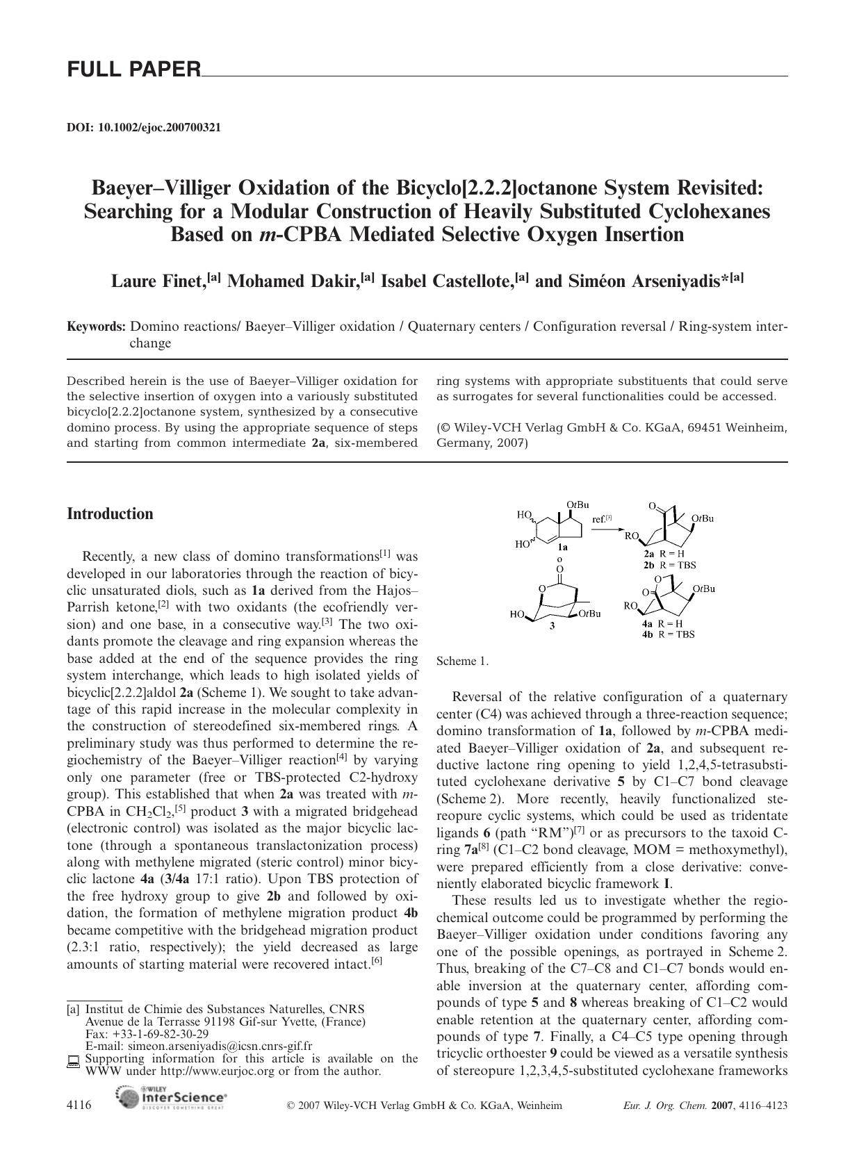 Baeyer-Villiger Oxidation of the Bicyclo[2.2.2]octanone System Revisited: Searching for a Modular Construction of Heavily Substituted Cyclohexanes Based on m-CPBA Mediated Selective Oxygen Insertion by Unknown