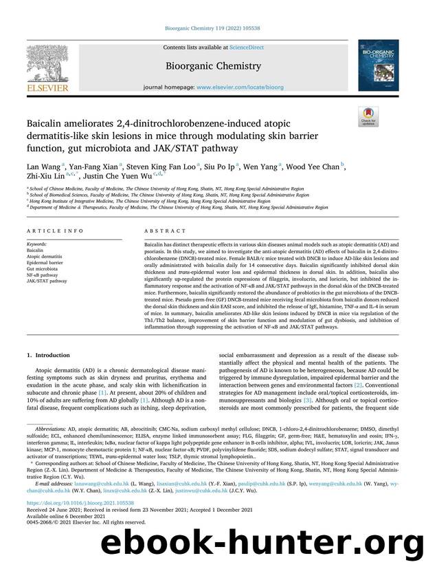 Baicalin ameliorates 2,4-dinitrochlorobenzene-induced atopic dermatitis-like skin lesions in mice through modulating skin barrier function, gut microbiota and JAKSTAT pathway by Lan Wang
