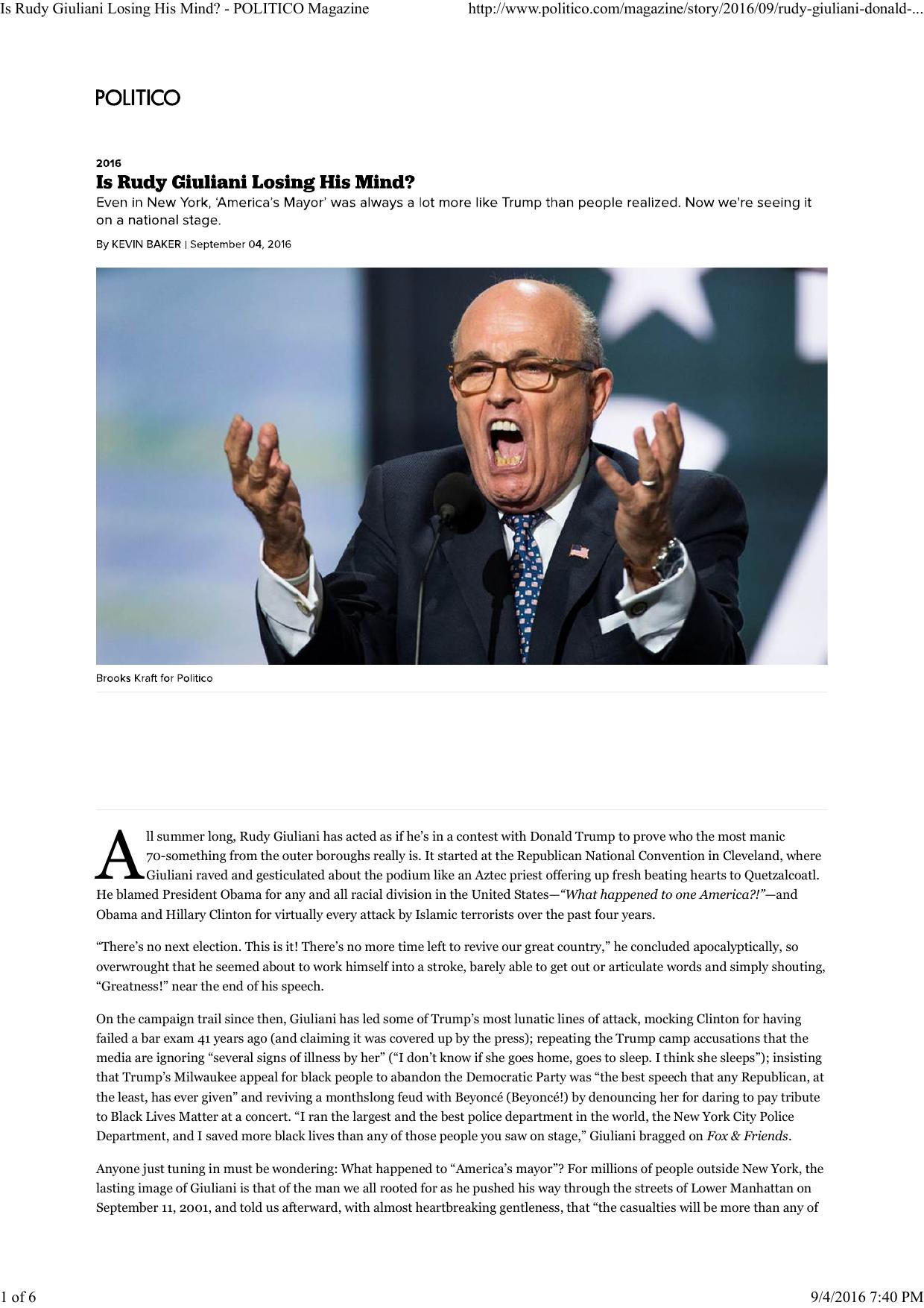 Baker - Is Rudy Giuliani Losing His Mind by POLITICO Magazine (Sep 4 2016)