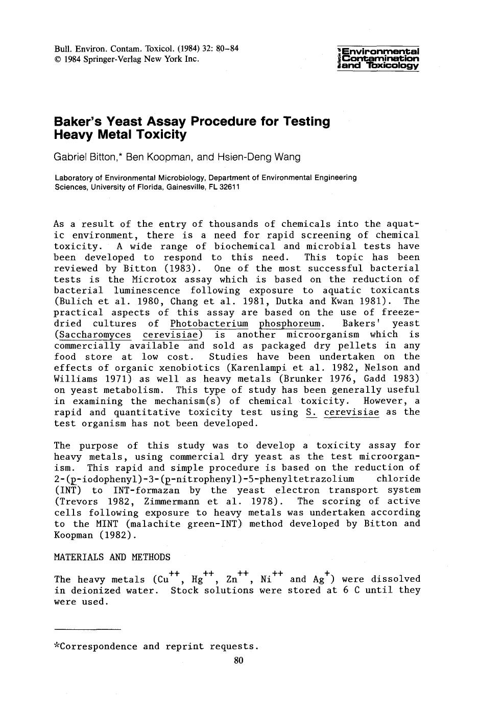 Baker's yeast assay procedure for testing heavy metal toxicity by Unknown