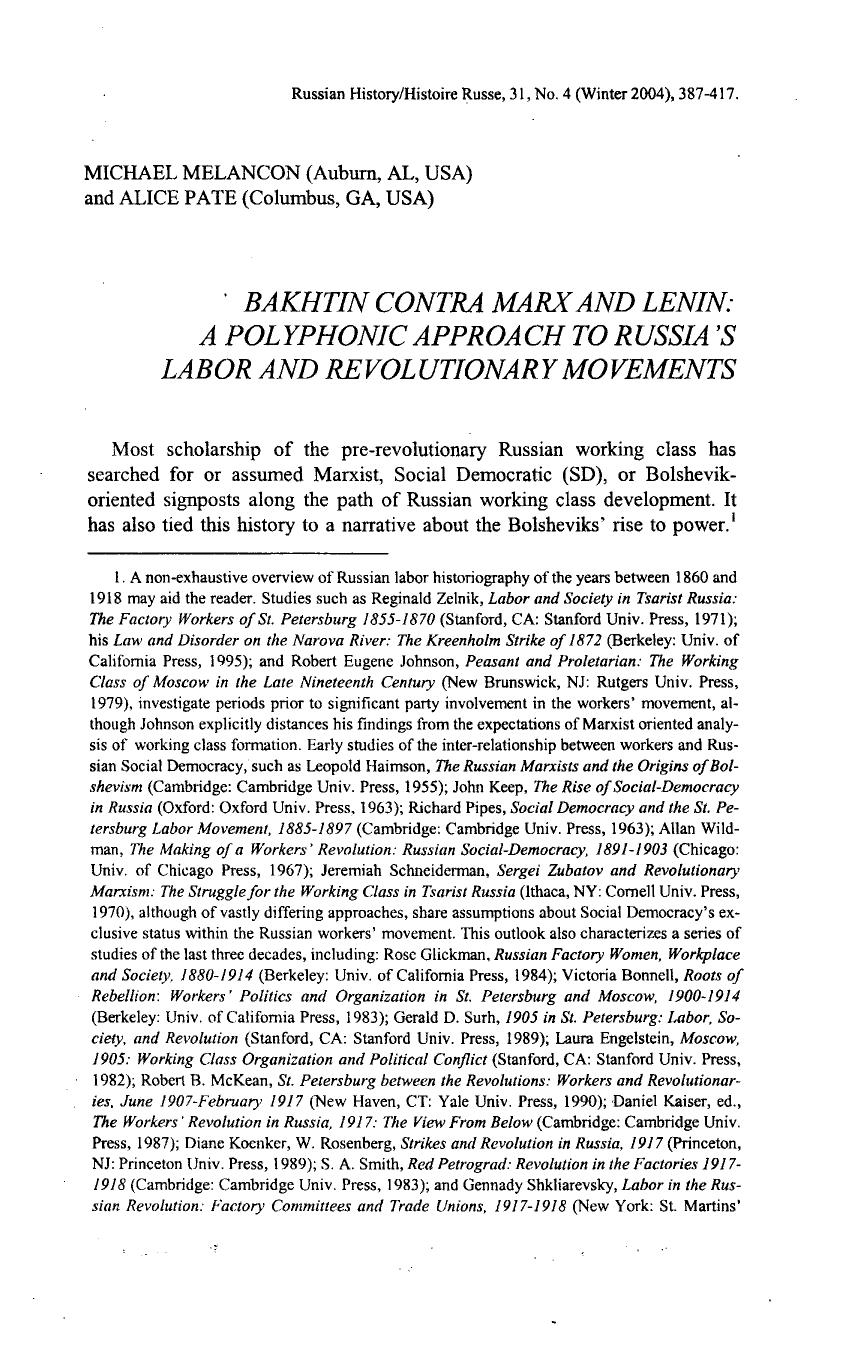 Bakhtin Contra Marx And Lenin [A Plyphonic Approach To Russia's Labour And Revolutionary Movements] by Unknown