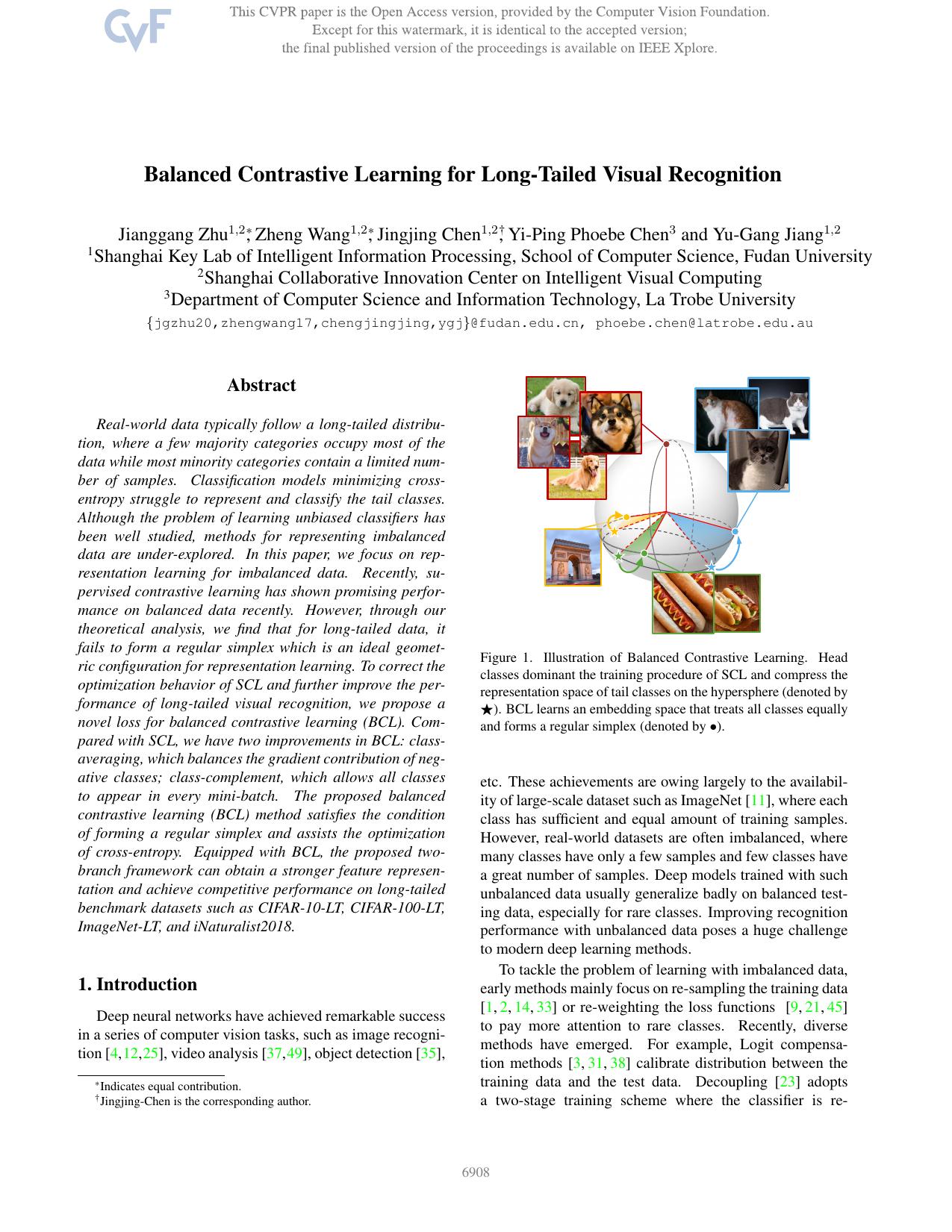 Balanced Contrastive Learning for Long-Tailed Visual Recognition by Jianggang Zhu & Zheng Wang & Jingjing Chen & Yi-Ping Phoebe Chen & Yu-Gang Jiang