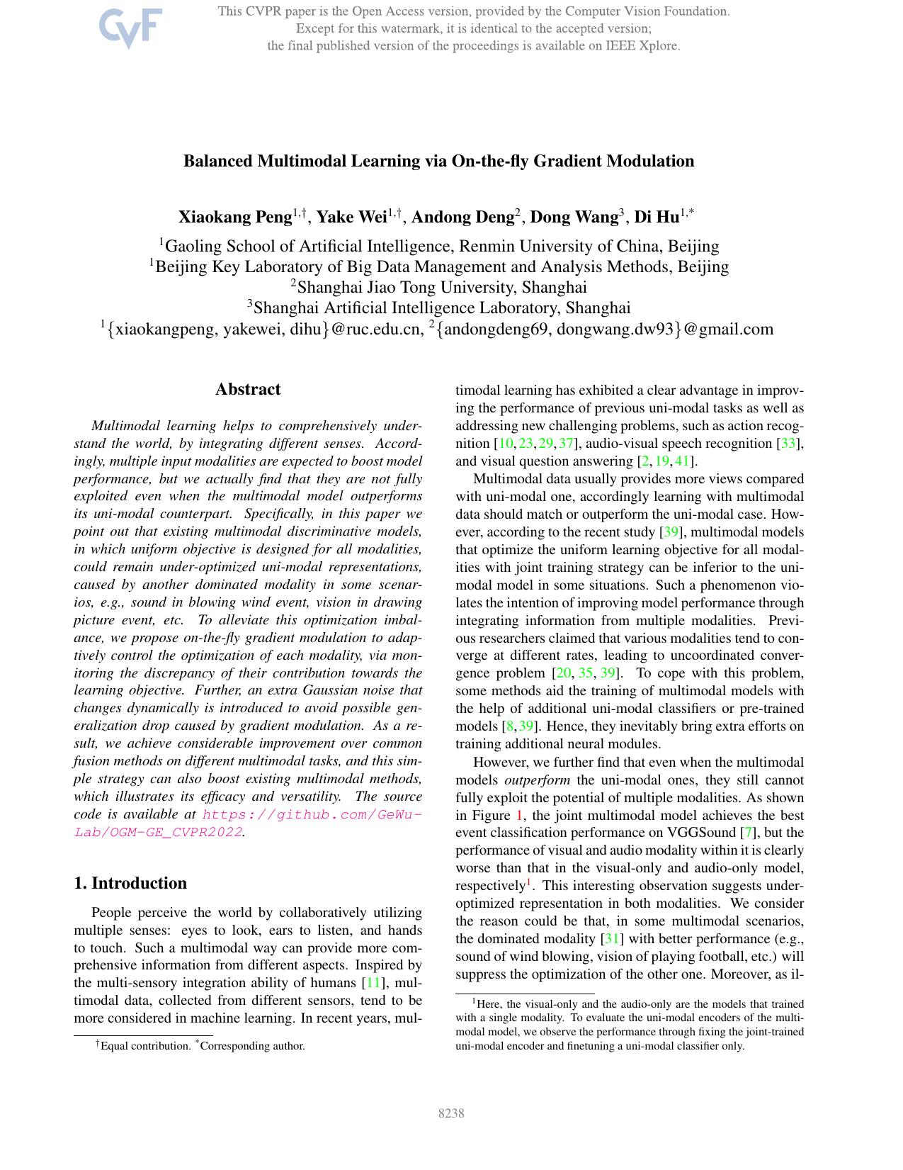 Balanced Multimodal Learning via On-the-Fly Gradient Modulation by Xiaokang Peng & Yake Wei & Andong Deng & Dong Wang & Di Hu
