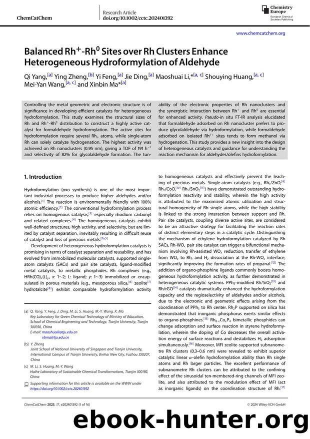 Balanced Rh+‐Rh0 Sites over Rh Clusters Enhance Heterogeneous Hydroformylation of Aldehyde by Unknown