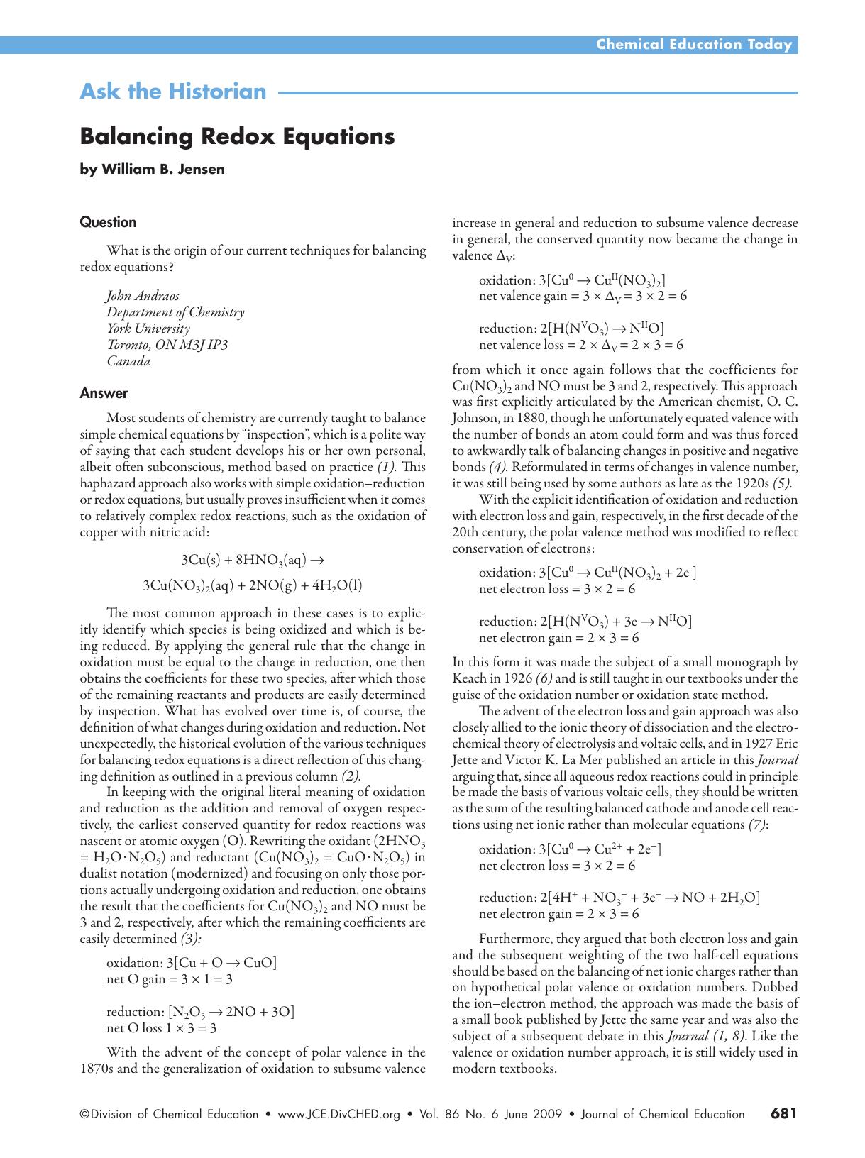 Balancing Redox Equations by William B. Jensen