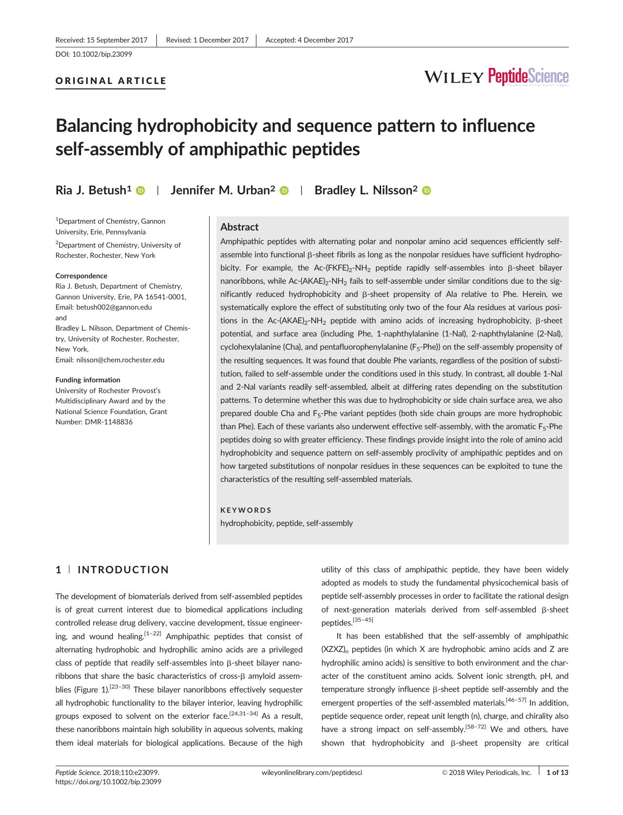 Balancing hydrophobicity and sequence pattern to influence selfâassembly of amphipathic peptides by Unknown