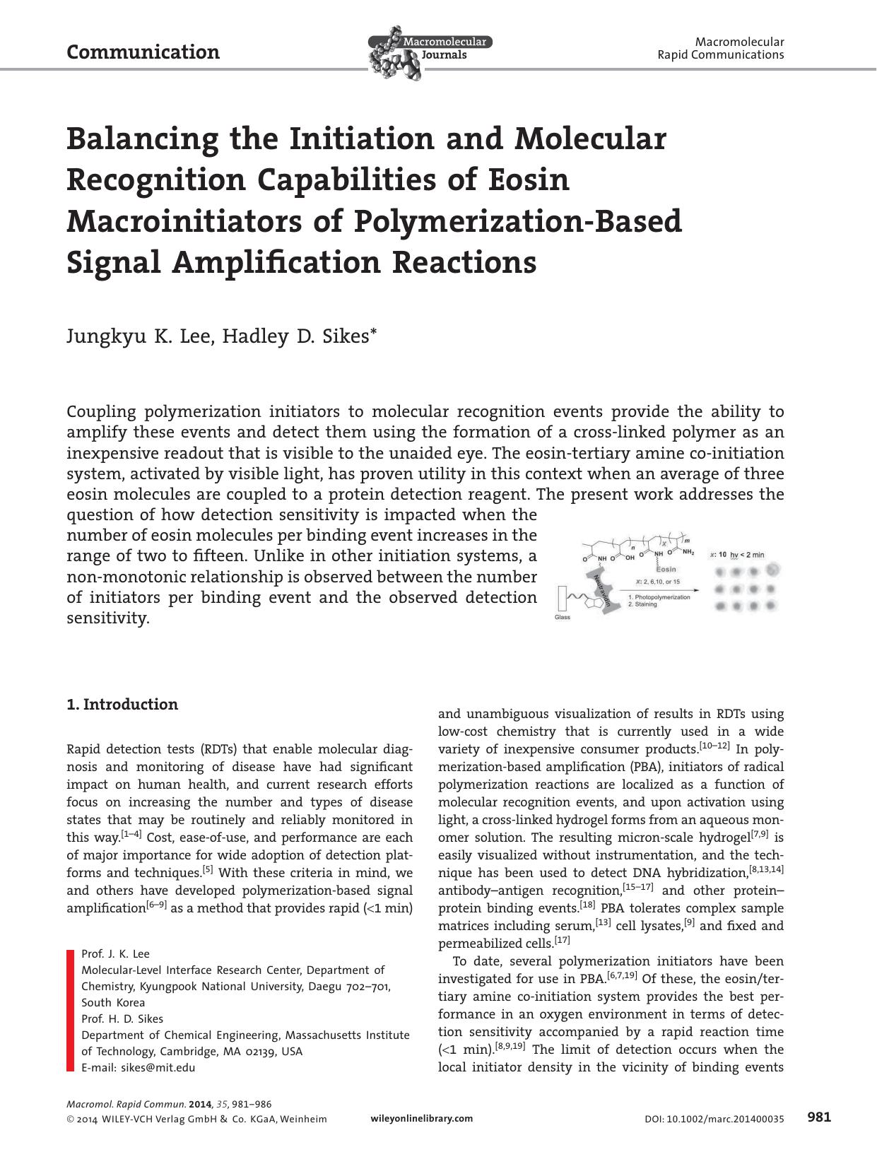 Balancing the Initiation and Molecular Recognition Capabilities of Eosin Macroinitiators of PolymerizationBased Signal Amplification Reactions by s-w-270