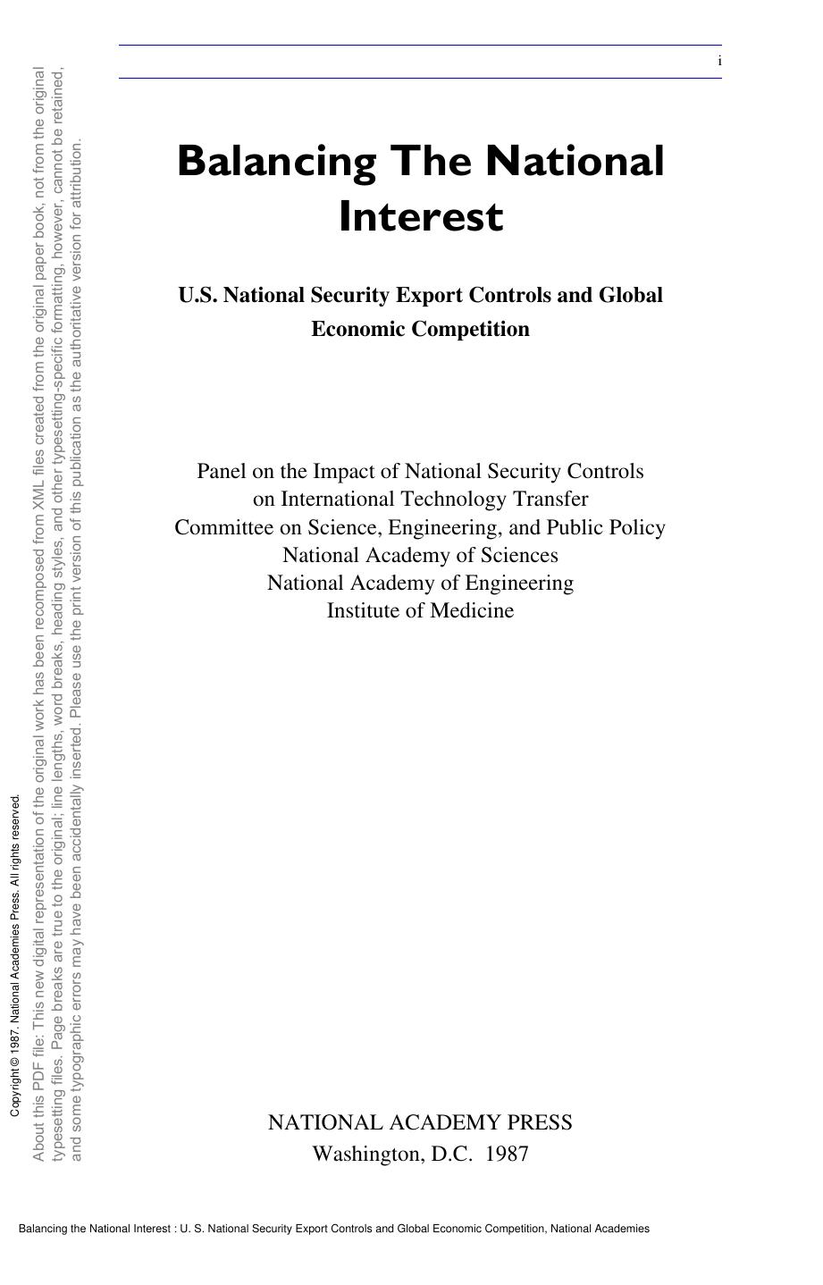 Balancing the National Interest: U. S. National Security Export Controls and Global Economic Competition by unknow