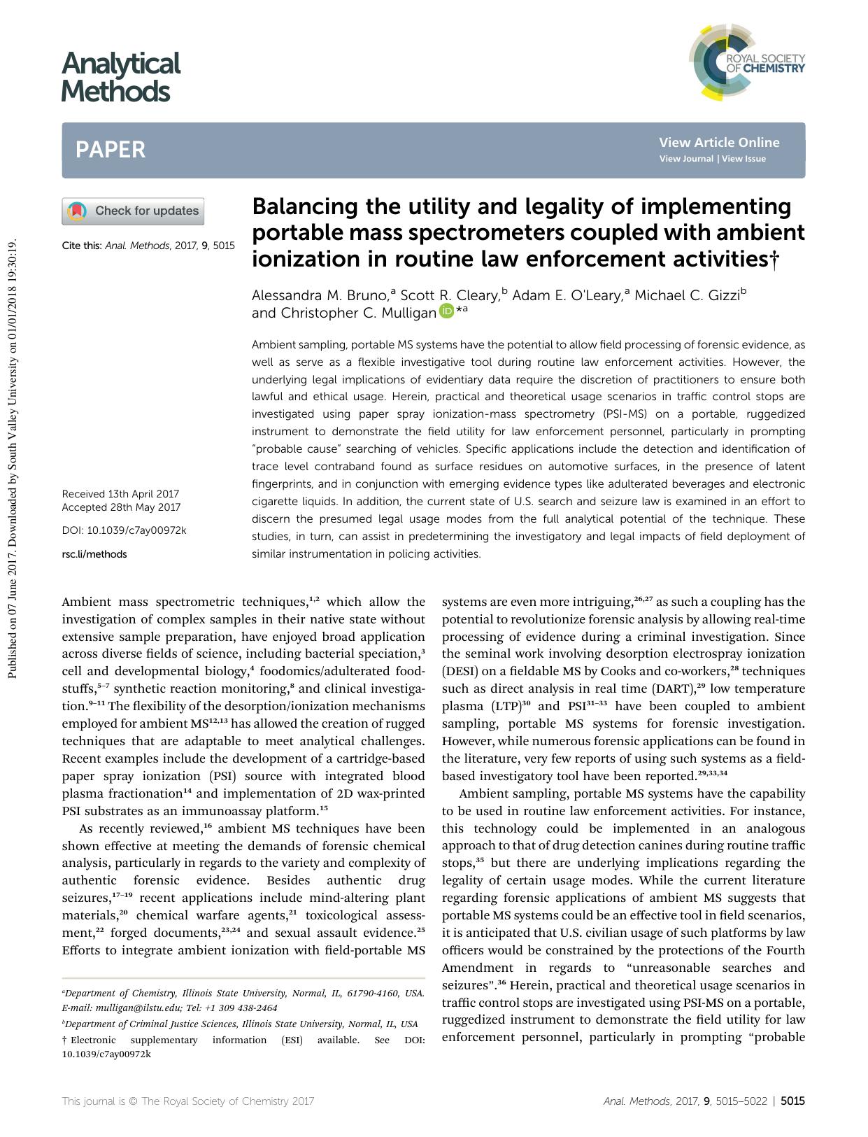 Balancing the utility and legality of implementing portable mass spectrometers coupled with ambient ionization in routine law enforcement activities by Alessandra M. Bruno & Scott R. Cleary & Adam E. O'Leary & Michael C. Gizzi & Christopher C. Mulligan