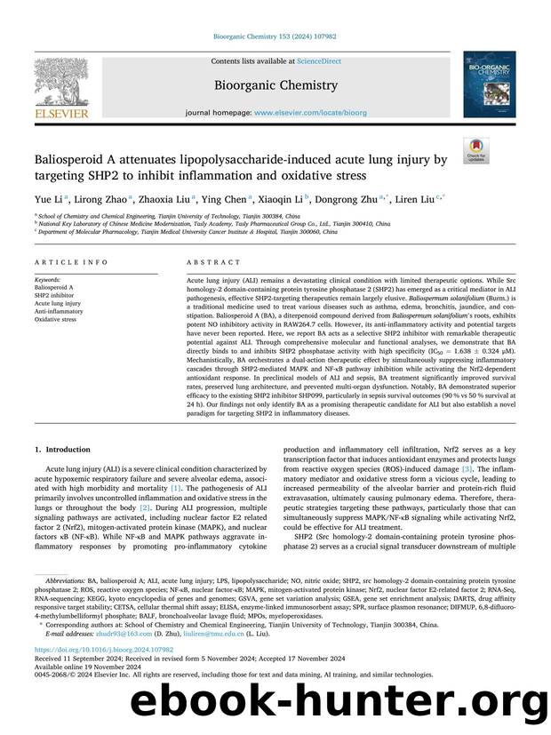 Baliosperoid A attenuates lipopolysaccharide-induced acute lung injury by targeting SHP2 to inhibit inflammation and oxidative stress by Yue Li & Lirong Zhao & Zhaoxia Liu & Ying Chen & Xiaoqin Li & Dongrong Zhu & Liren Liu