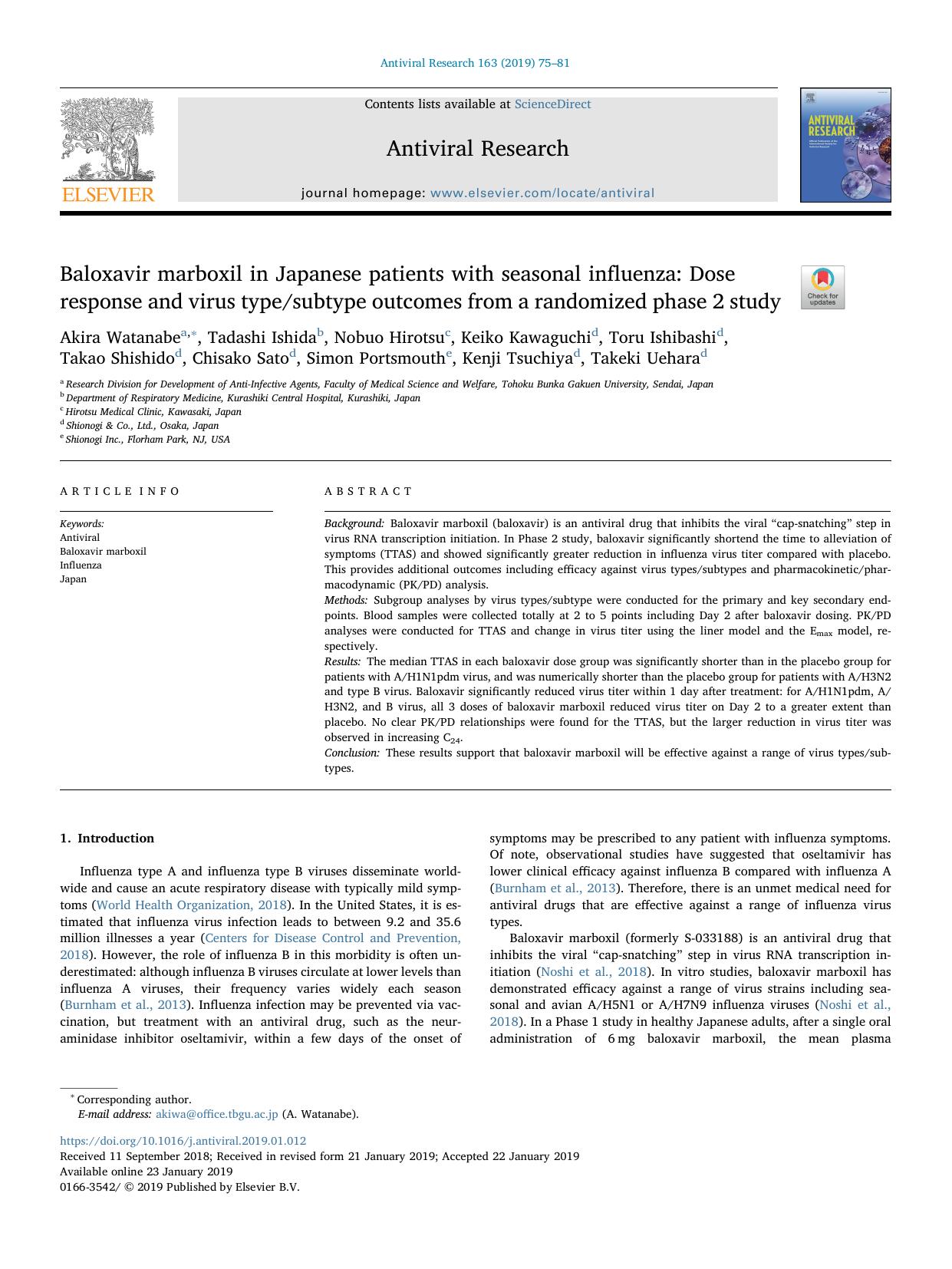 Baloxavir marboxil in Japanese patients with seasonal influenza_ Dose response and virus typesubtype outcomes from a randomized phase 2 study by unknow