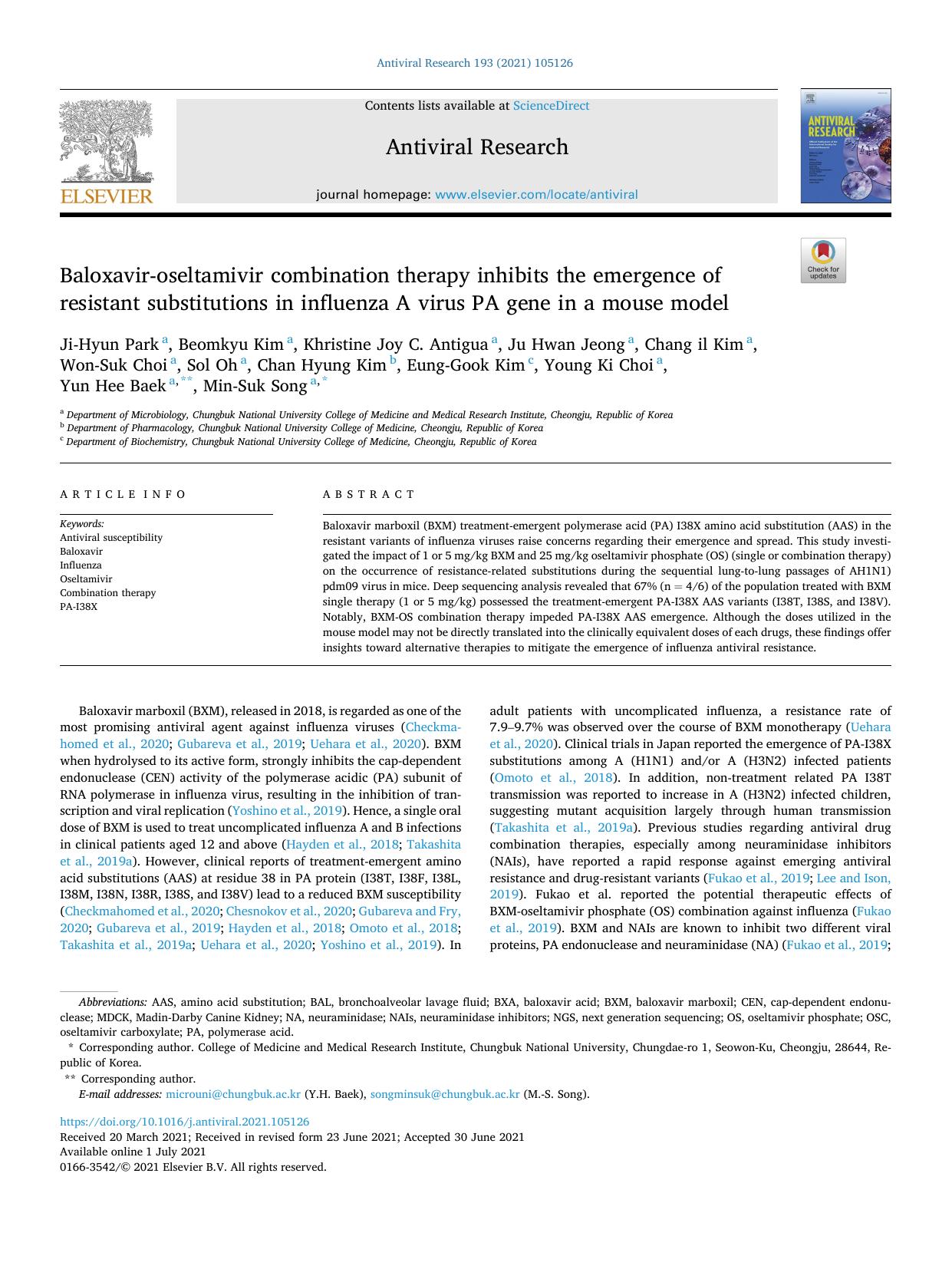 Baloxavir-oseltamivir combination therapy inhibits the emergence of resistant substitutions in influenza A virus PA gene in a mouse model by unknow