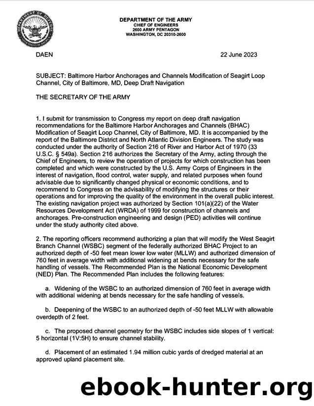 Baltimore Harbor Anchorages and Channels Modification of Seagirt Loop Channel, City of Baltimore, MD, Deep Draft Navigation by Department of the Army Chief of Engineers