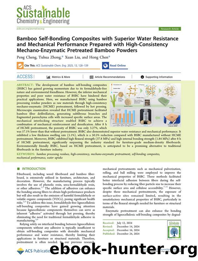 Bamboo Self-Bonding Composites with Superior Water Resistance and Mechanical Performance Prepared with High-Consistency Mechano-Enzymatic Pretreated Bamboo Powders by Peng Cheng Tuhua Zhong Xuan Liu and Hong Chen