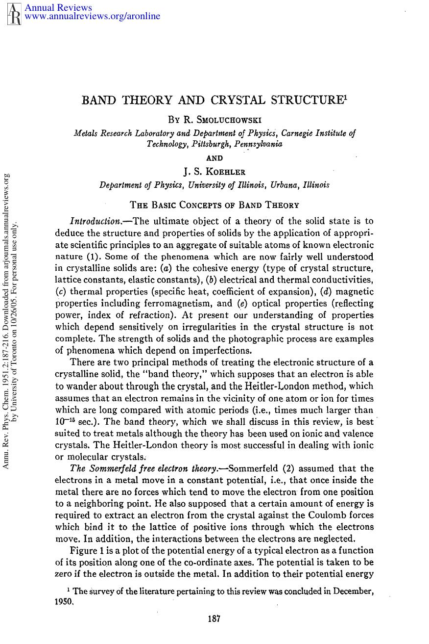 Band Theory and Crystal Structure by R Smoluchowski & J S Koehler