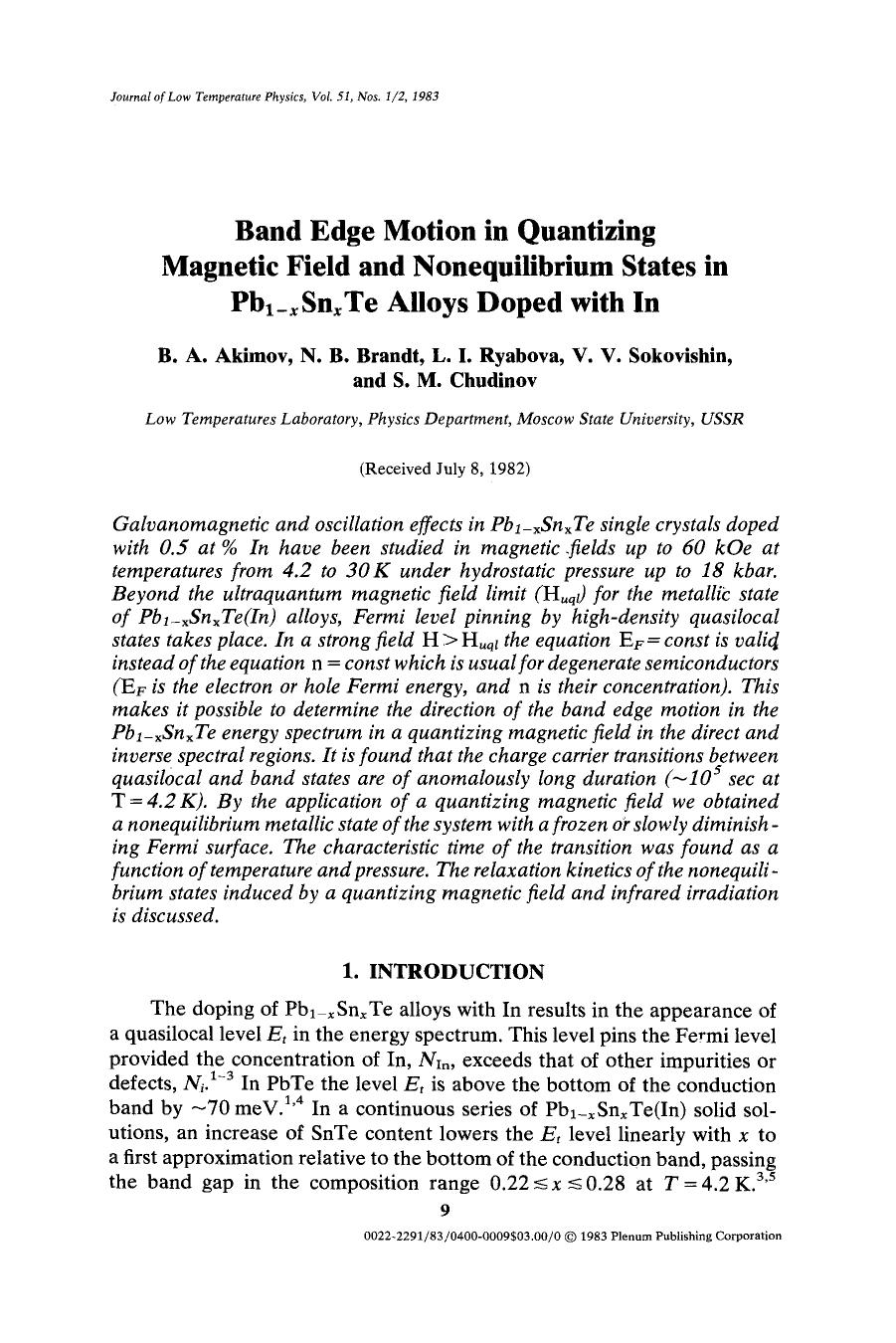 Band edge motion in quantizing magnetic field and nonequilibrium states in Pb <Subscript>1&#x2212; <Emphasis Type="Italic">x <Emphasis> <Subscript>Sn <Subscript> <Emphasis Type="It by Unknown