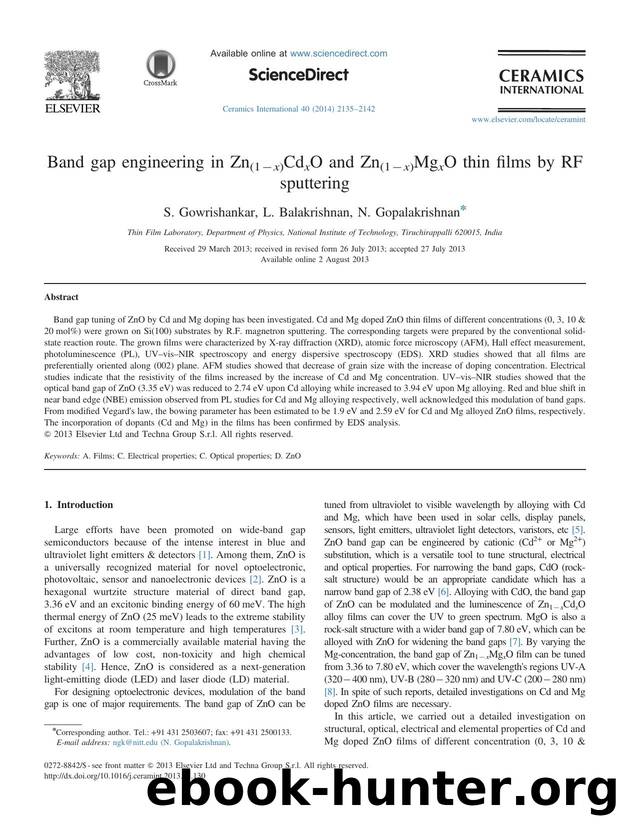 Band gap engineering in Zn(1âx)CdxO and Zn(1âx)MgxO thin films by RF sputtering by S. Gowrishankar & L. Balakrishnan & N. Gopalakrishnan