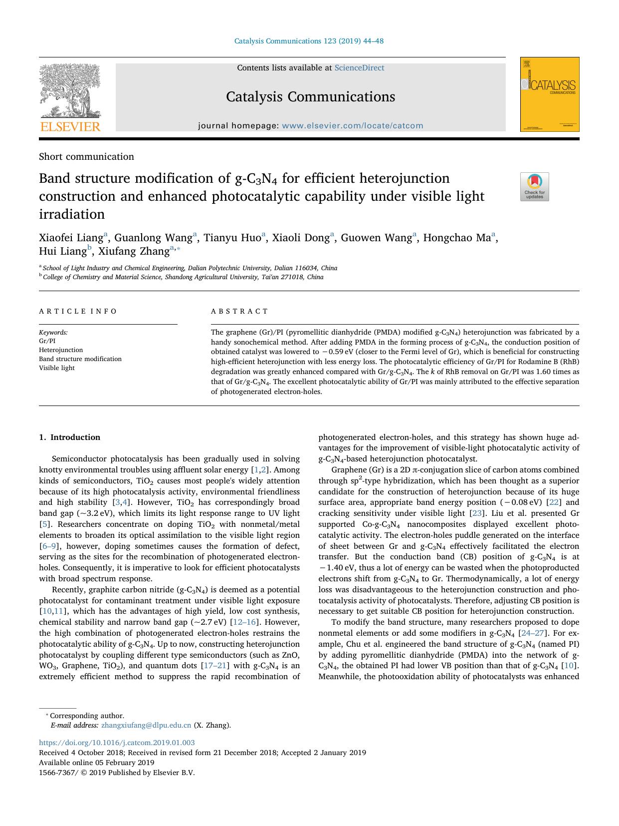 Band structure modification of g-C3N4 for efficient heterojunction construction and enhanced photocatalytic capability under visible light irradiation by unknow