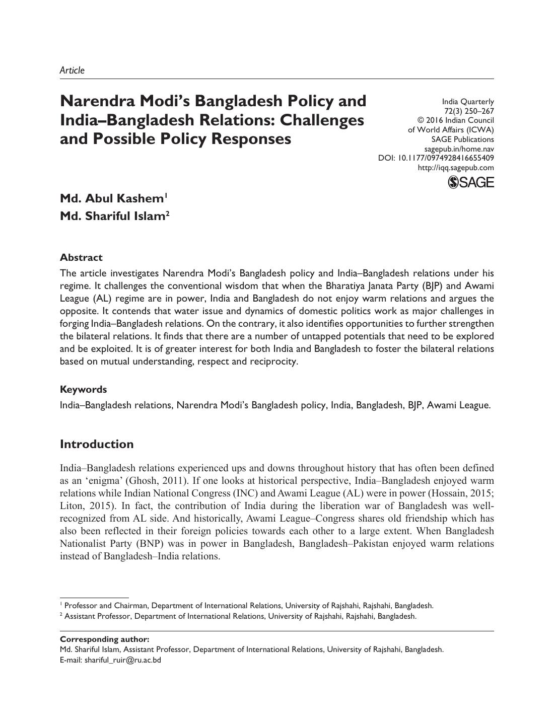 Bangladesh-India Relations by Md. Abul Kashem and Md. Shariful Islam