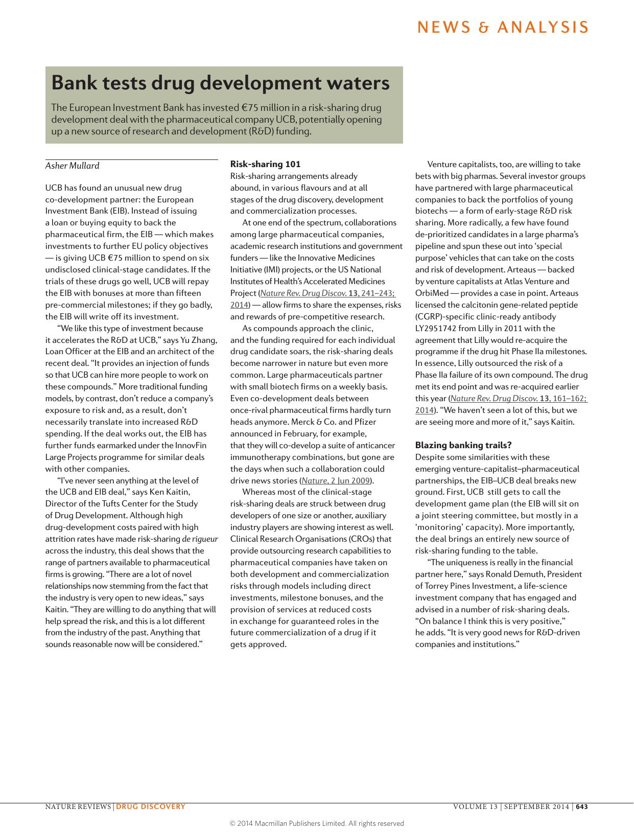 Bank tests drug development waters by Asher Mullard