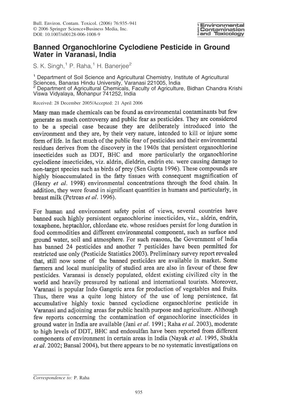 Banned Organochlorine Cyclodiene Pesticide in Ground Water in Varanasi, India by S. K. Singh et al