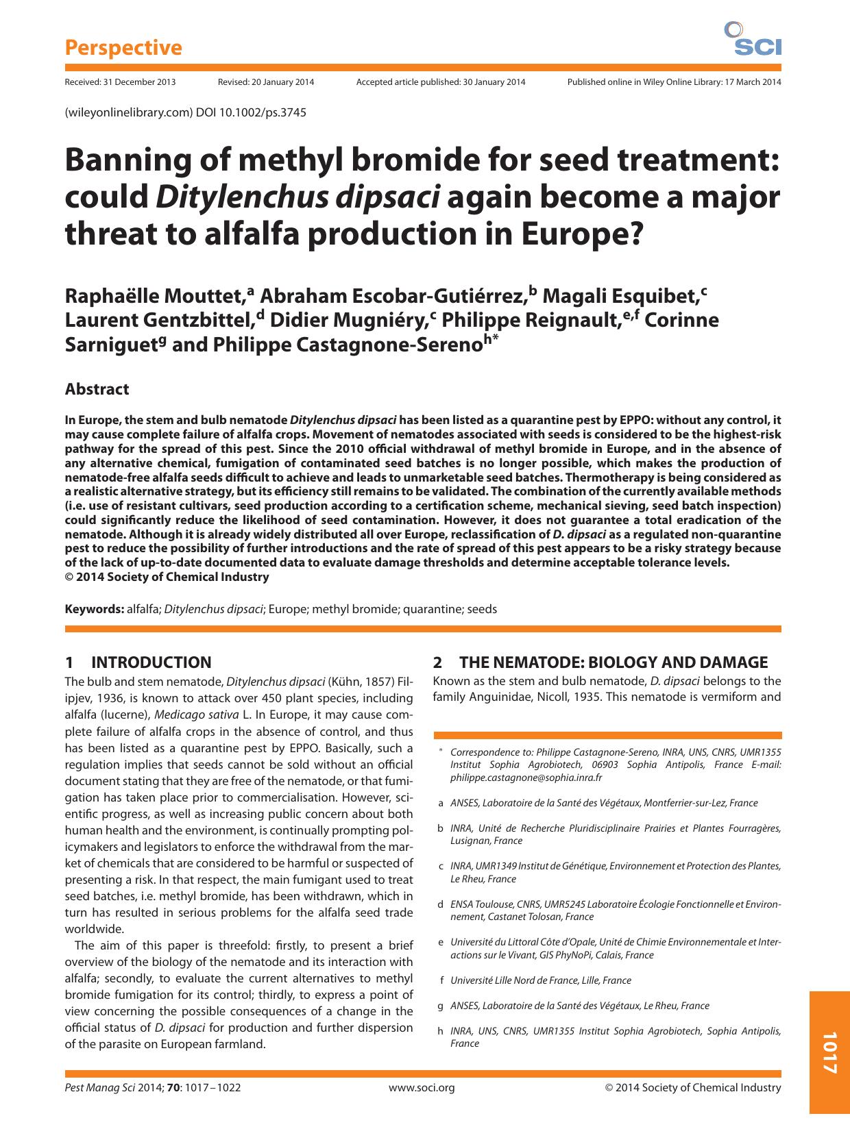 Banning of methyl bromide for seed treatment: could Ditylenchus dipsaci again become a major threat to alfalfa production in Europe? by Unknown