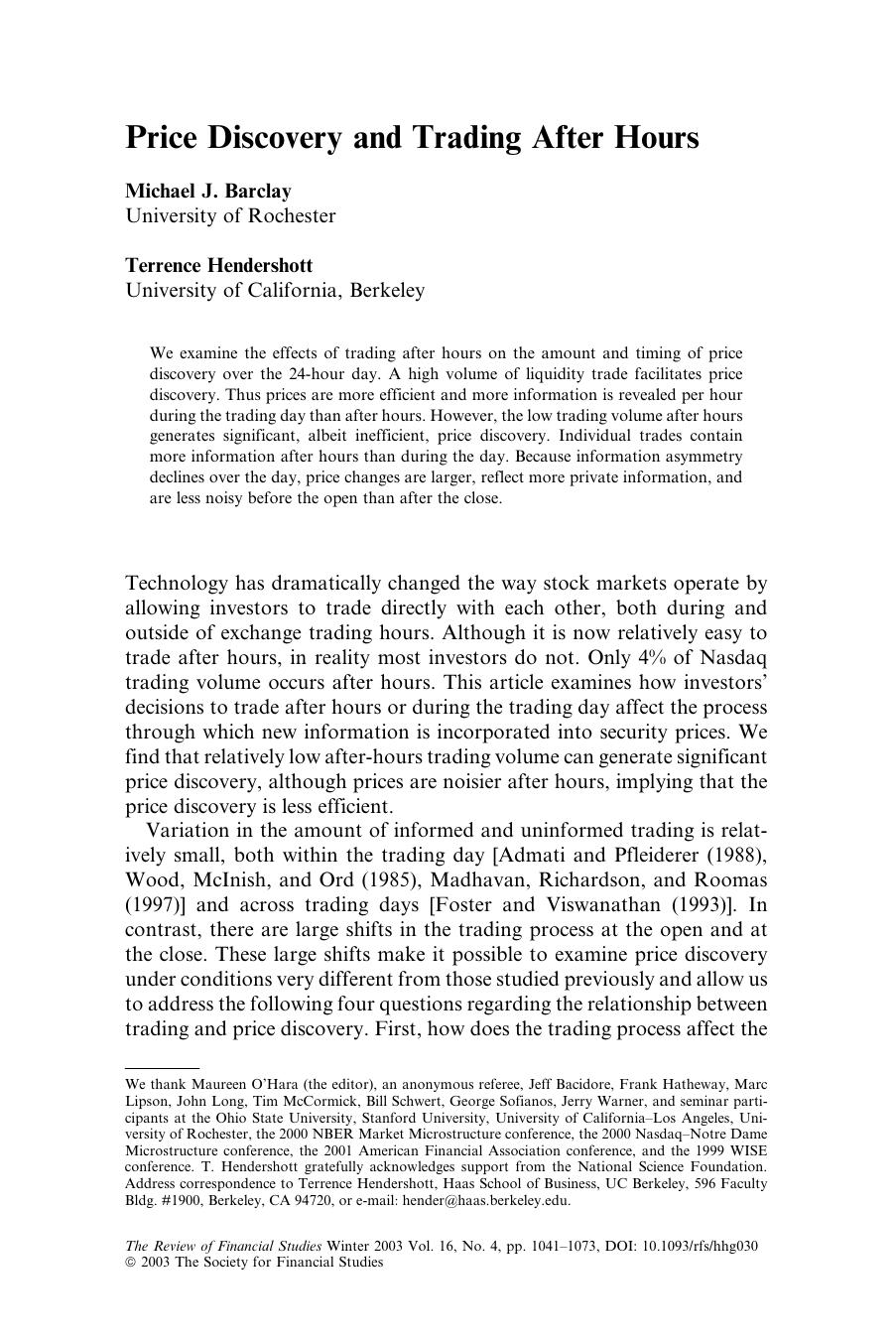 Barclay And Hendershott-Price Discovery And Trading After Hours by Unknown