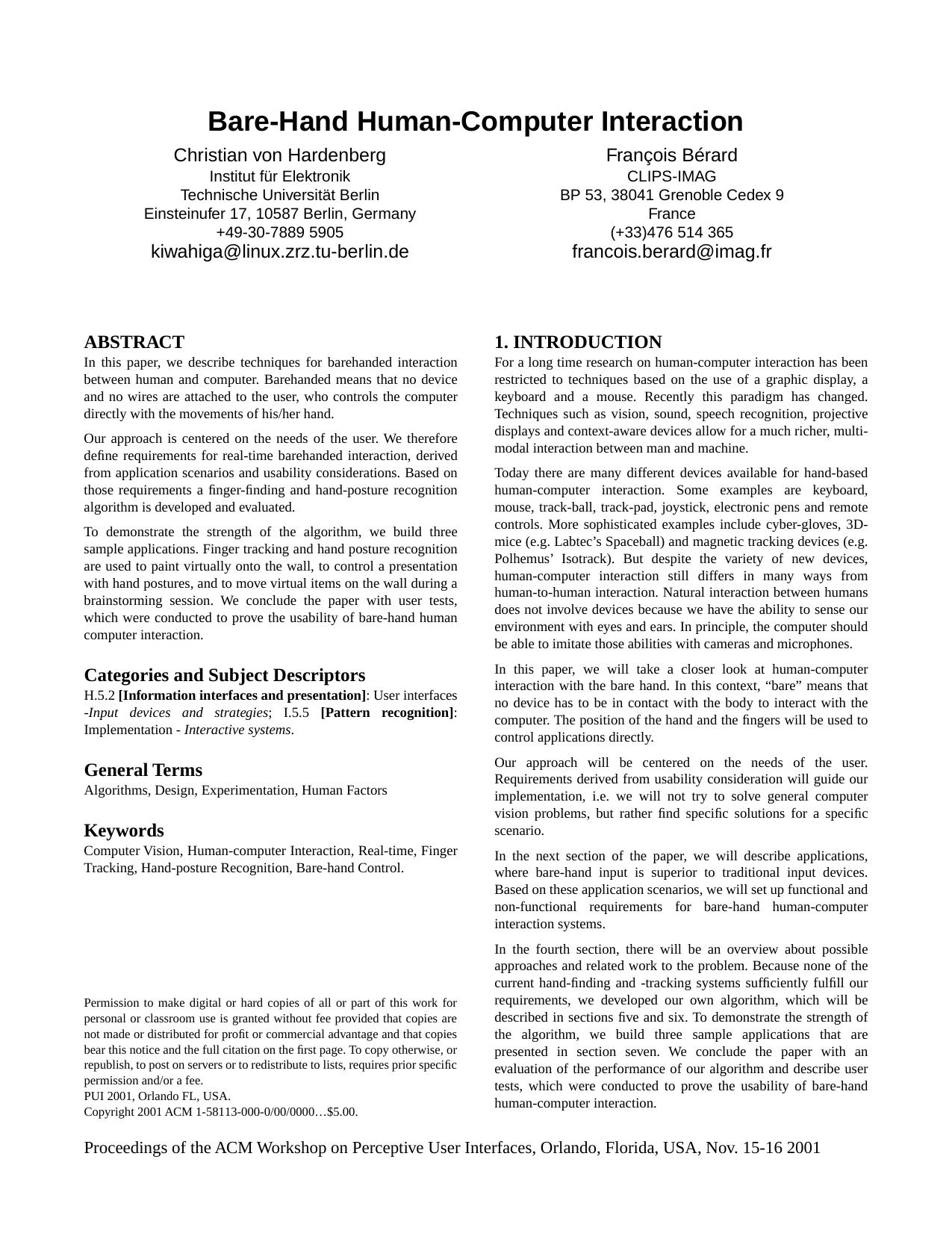 Bare-hand human-computer interaction by Von Hardenberg C