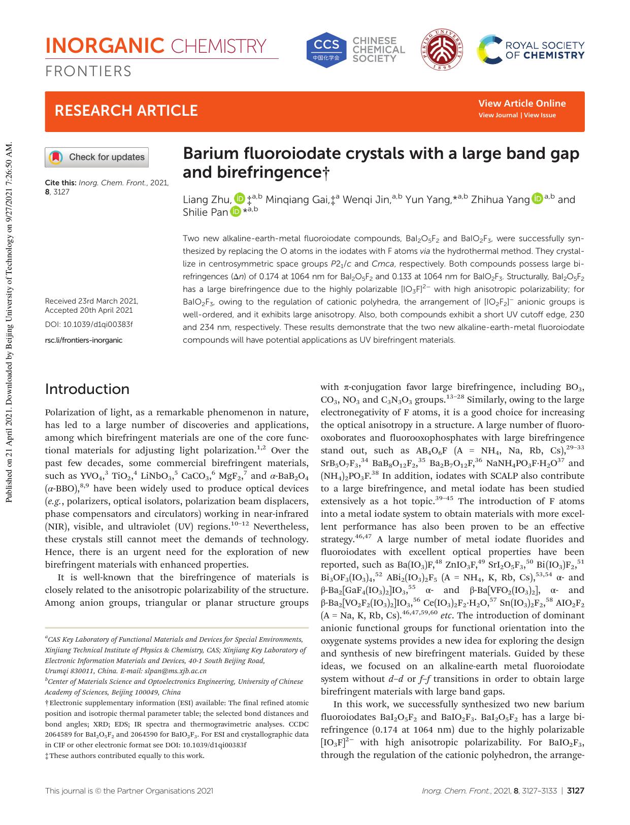 Barium fluoroiodate crystals with a large band gap and birefringence by Liang Zhu Minqiang Gai Wenqi Jin Yun Yang Zhihua Yang Shilie Pan