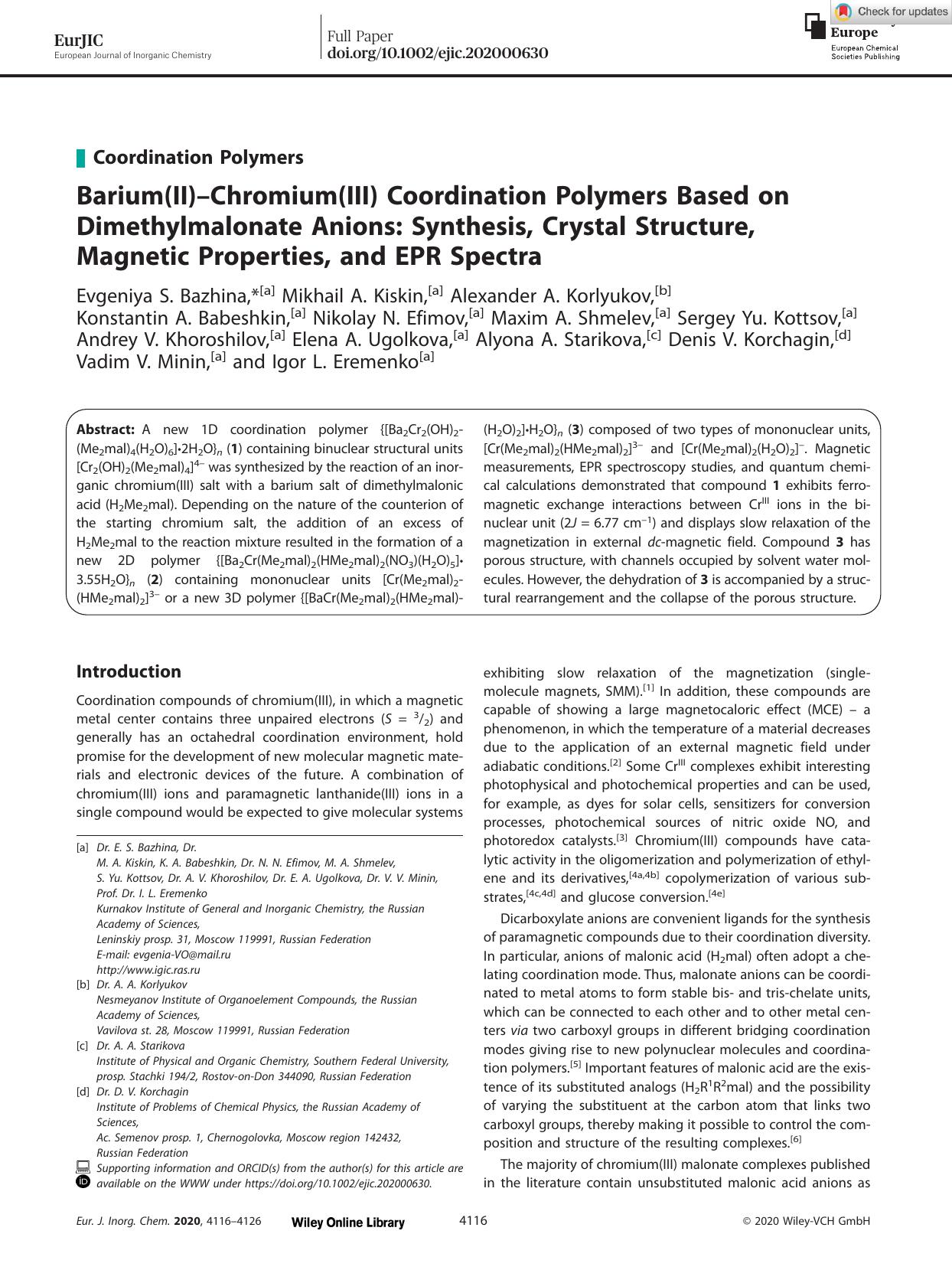 Barium(II)âChromium(III) Coordination Polymers Based on Dimethylmalonate Anions: Synthesis, Crystal Structure, Magnetic Properties, and EPR Spectra by Unknown