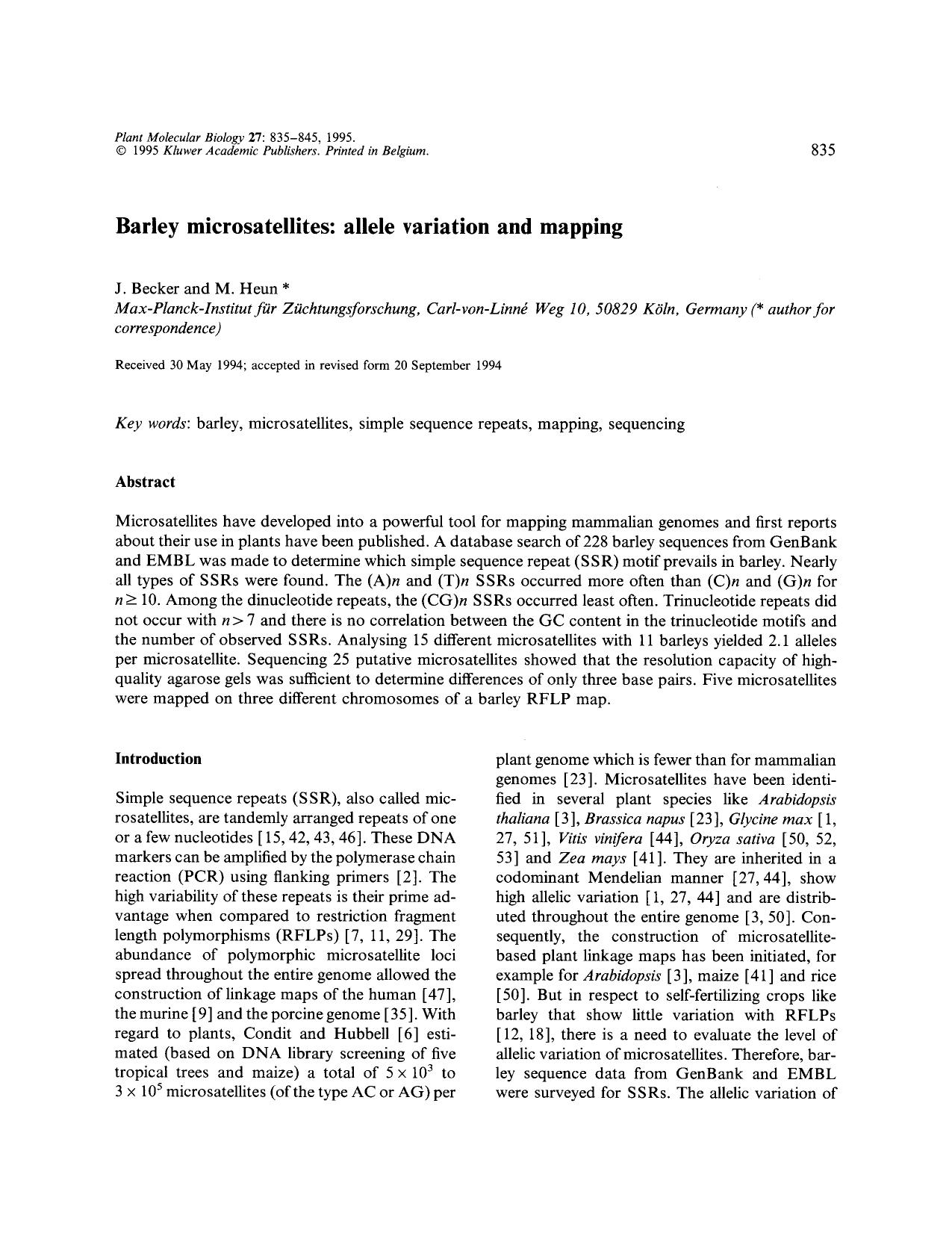 Barley microsatellites: allele variation and mapping by Unknown