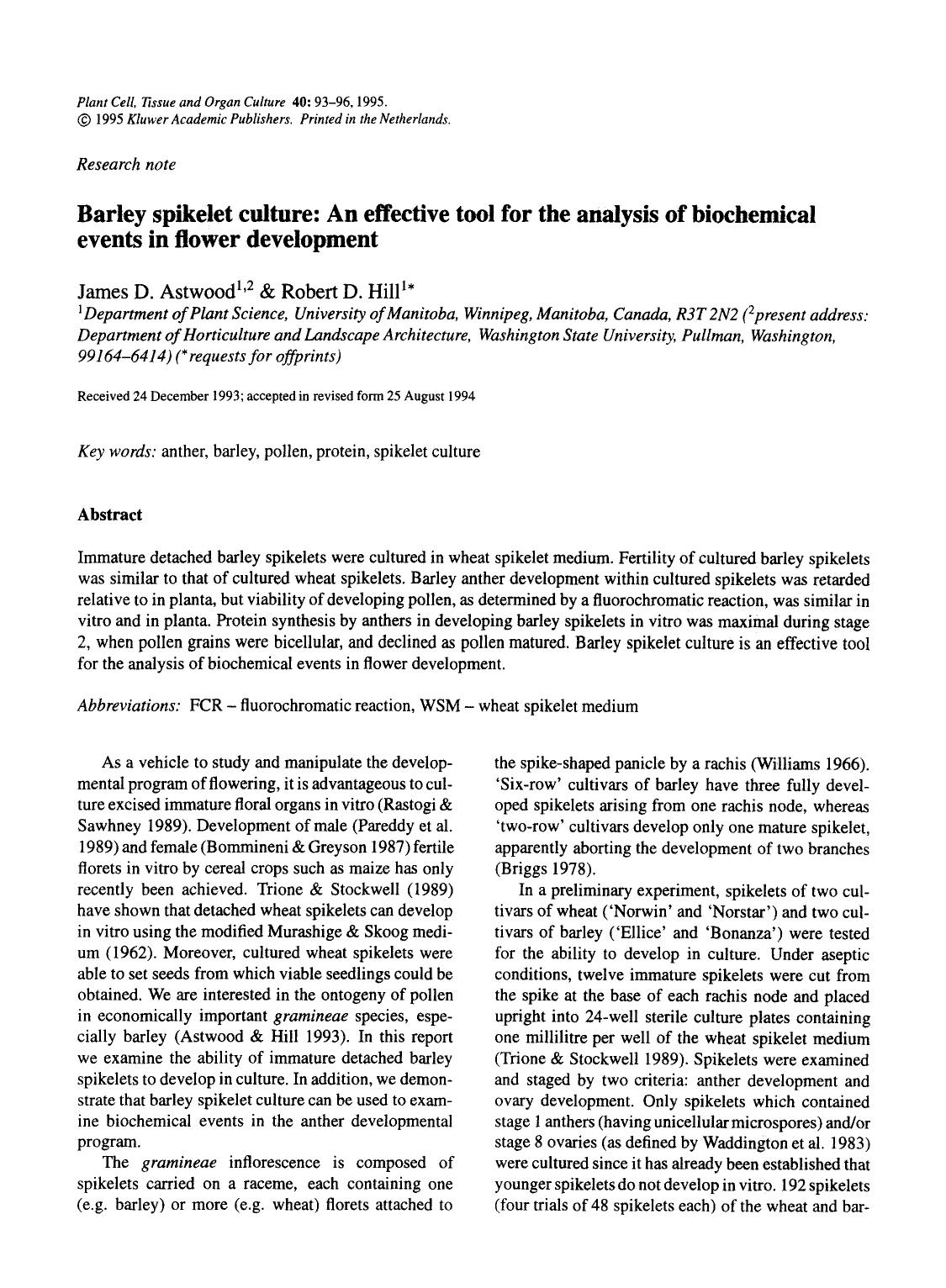 Barley spikelet culture: An effective tool for the analysis of biochemical events in flower development by Unknown