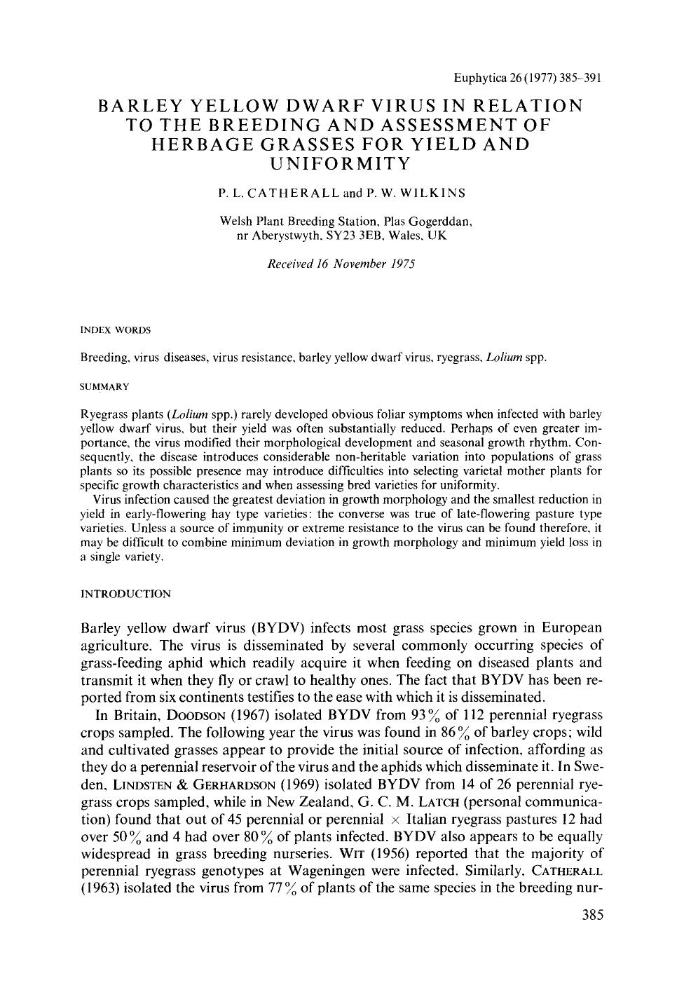 Barley yellow dwarf virus in relation to the breeding and assessment of herbage grasses for yield and uniformity by Unknown