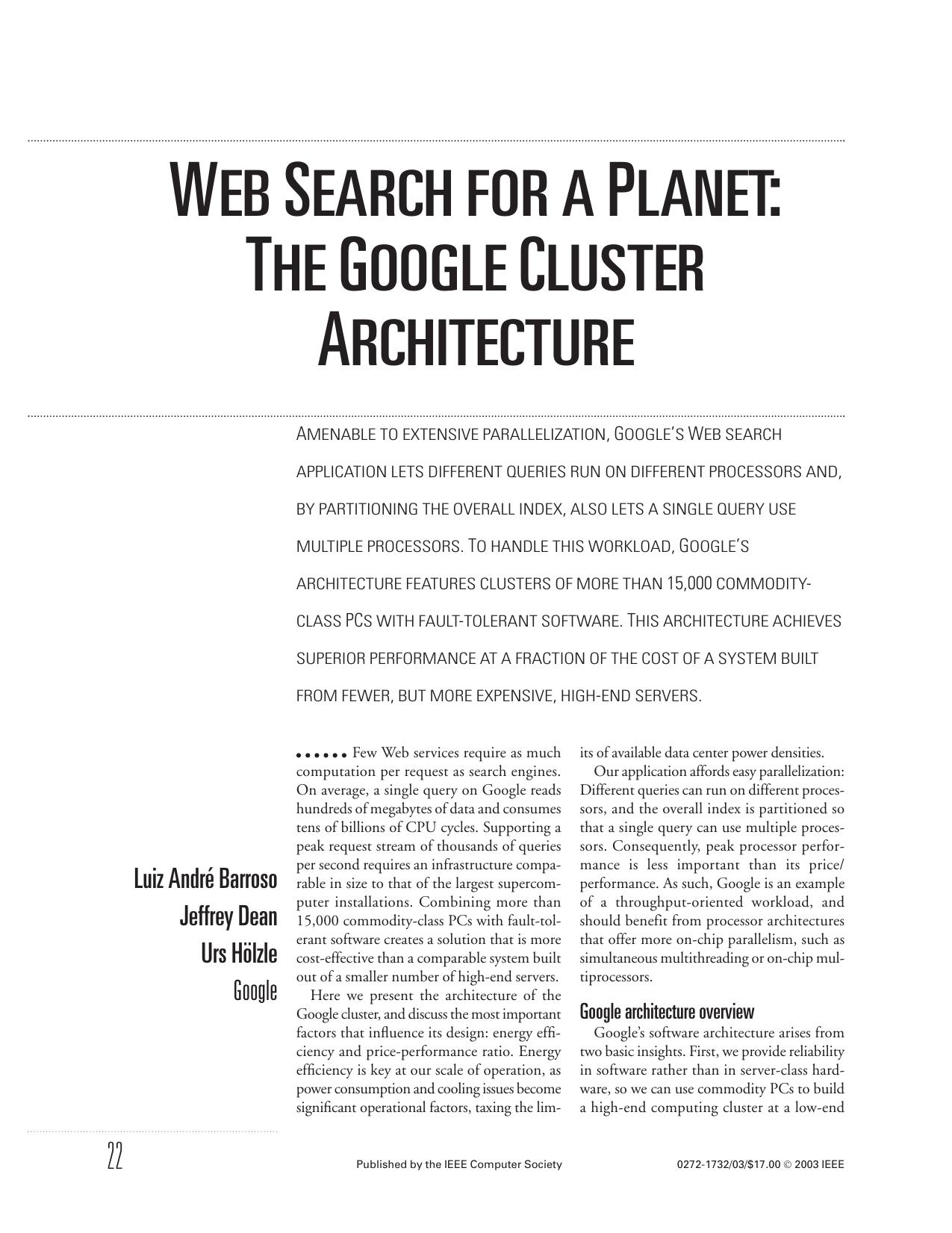 Barosso L.A., Dean J., Hozle U. Web Search for a Planet[c] The Google Cluster Architecture (2003)(en)(7s) by Unknown