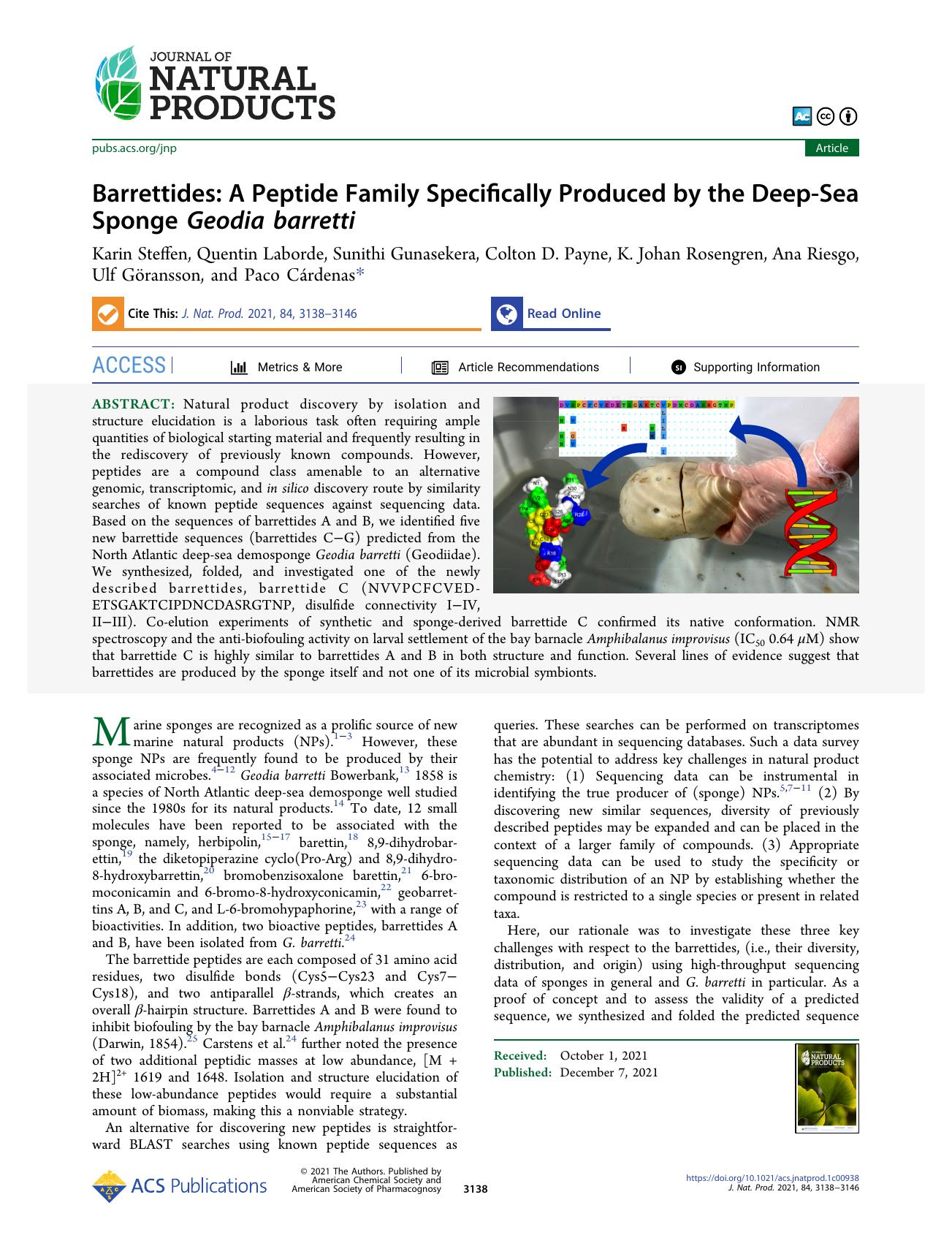 Barrettides: A Peptide Family Specifically Produced by the Deep-Sea Sponge Geodia barretti by unknow