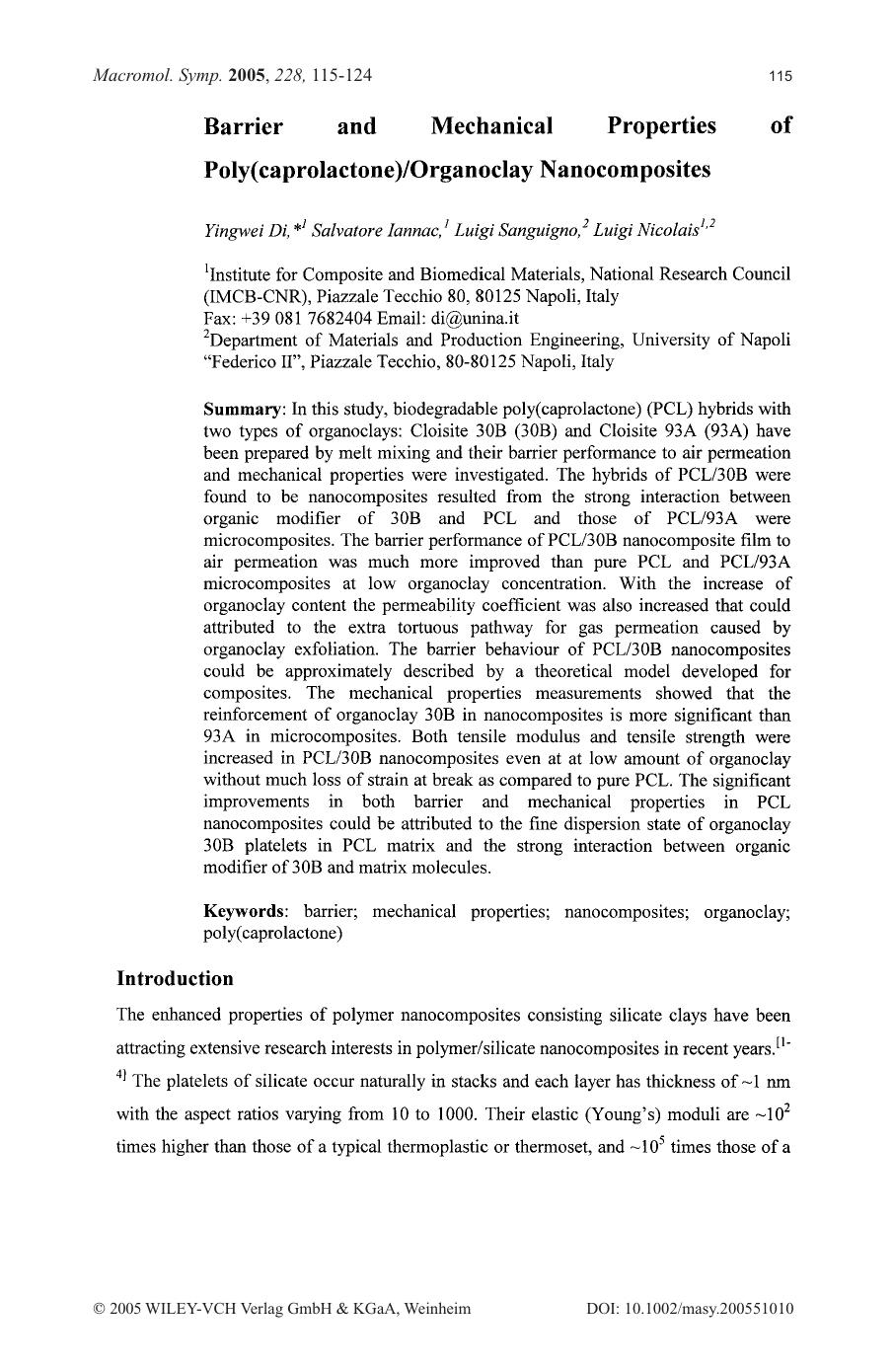 Barrier and Mechanical Properties of Poly(caprolactone)organoclay Nanocomposites by Unknown