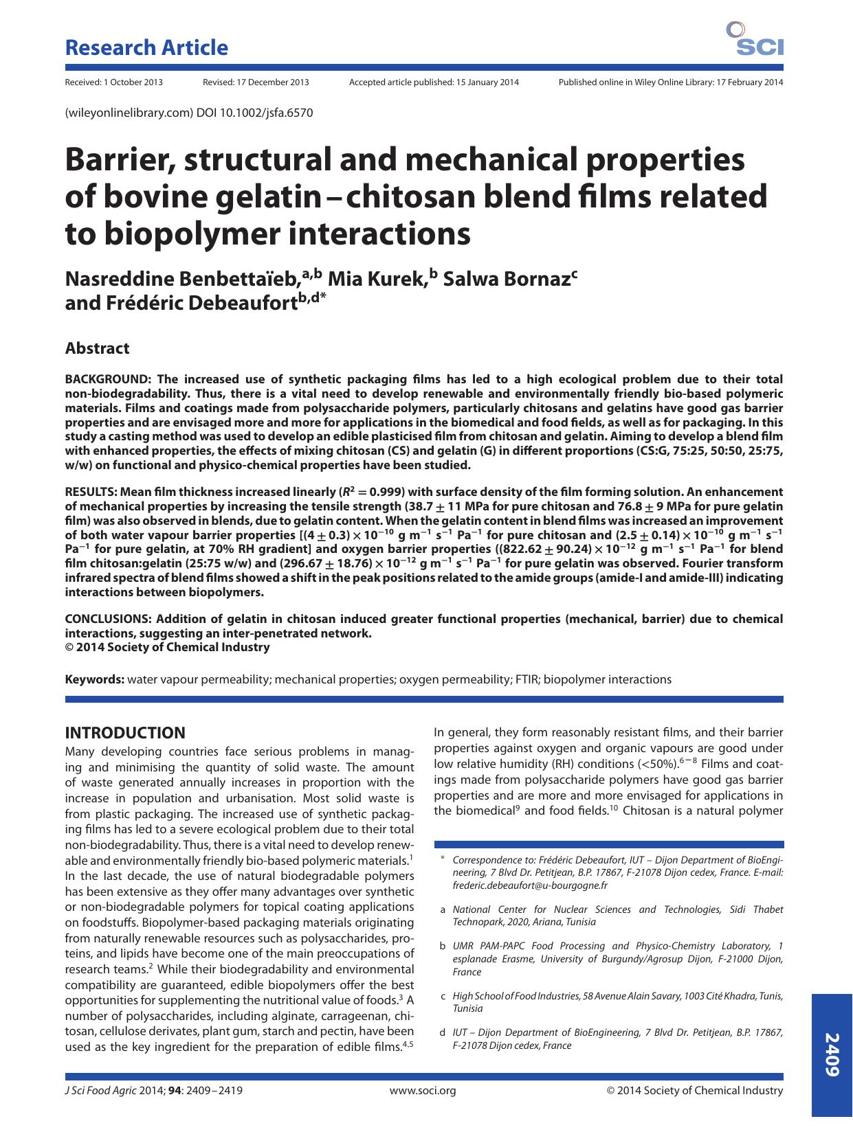 Barrier, structural and mechanical properties of bovine gelatinchitosan blend films related to biopolymer interactions by Unknown