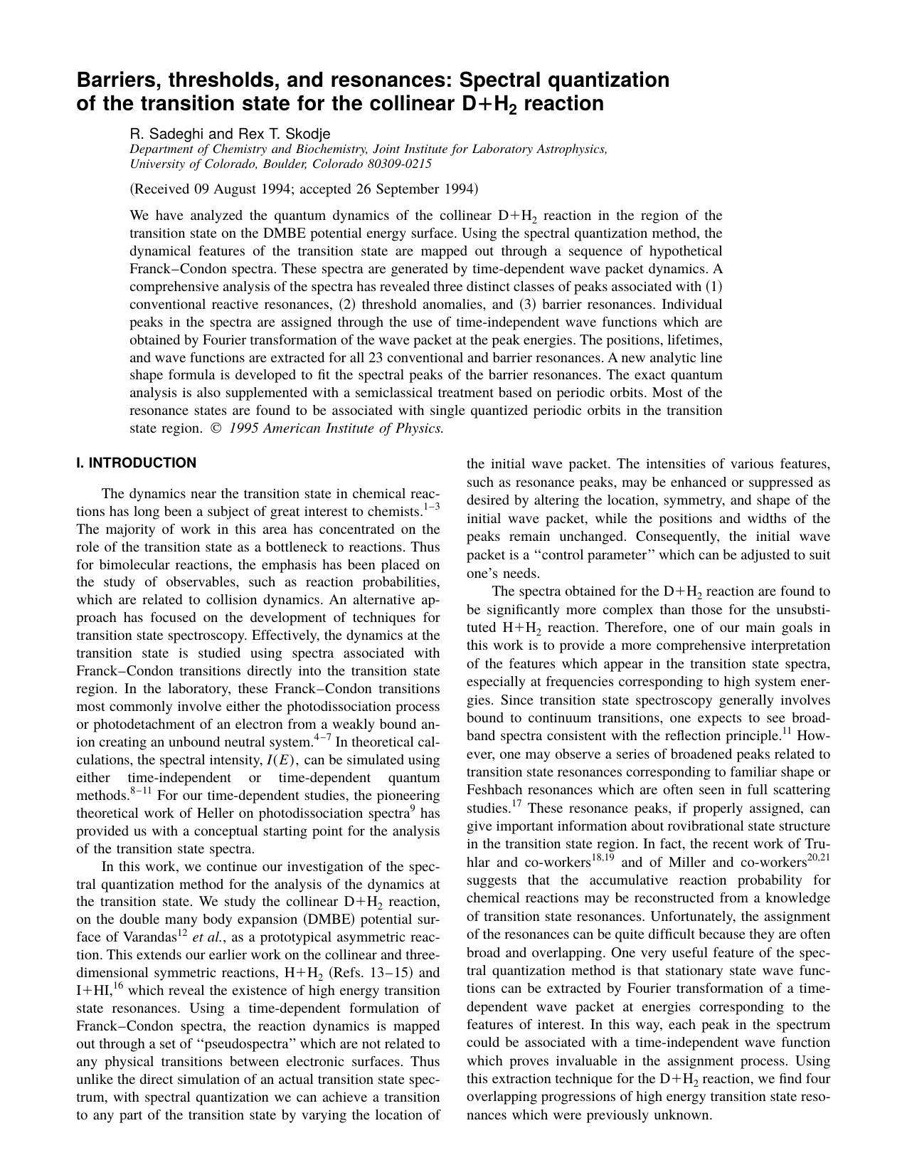 Barriers, thresholds, and resonances: Spectral by R. Sadeghi and Rex T. Skodje